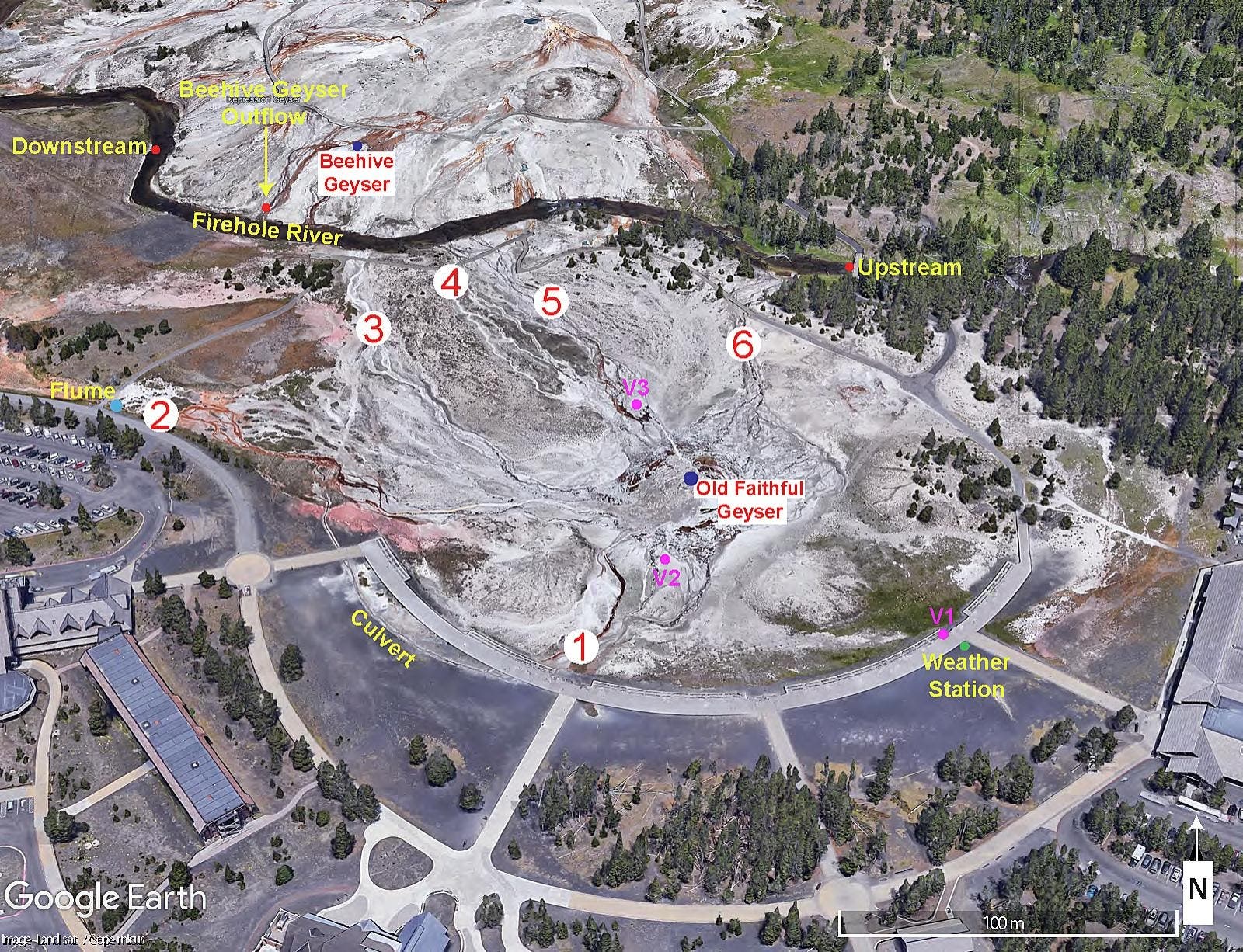 Aerial image of Old Faithful Geyser and its surroundings