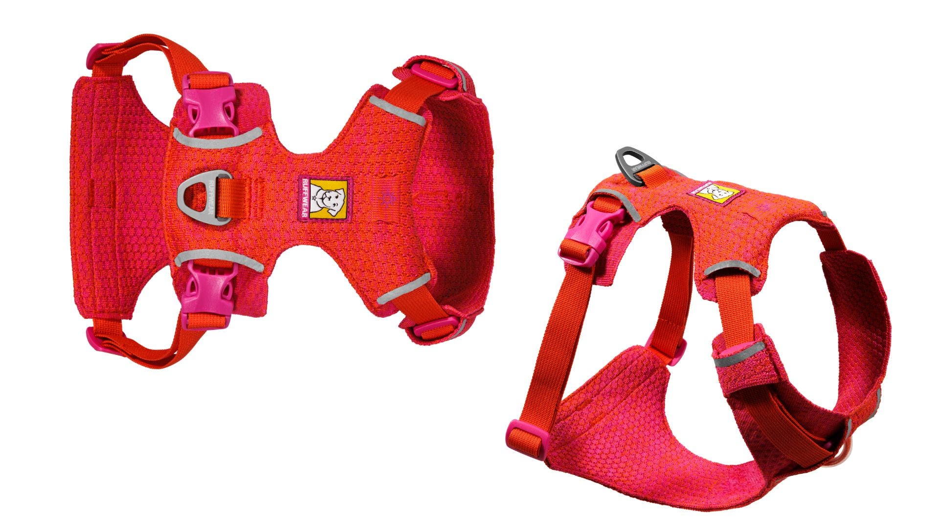 two views of the pink/red ruffwear dog harness are shown, one from the top and one from the side profile
