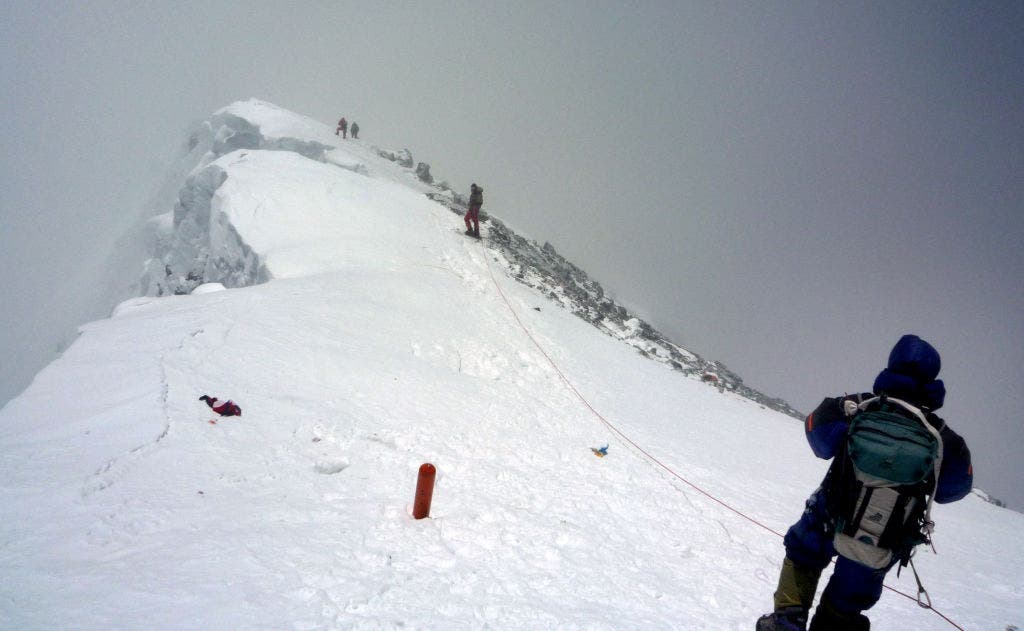 Climbers on Mount Everest's summit ridge