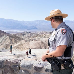 Death Valley Park Ranger Spencer Solomon performs his daily duties around Zabriskie Point on September 26, 2024 in Death Valley National Park