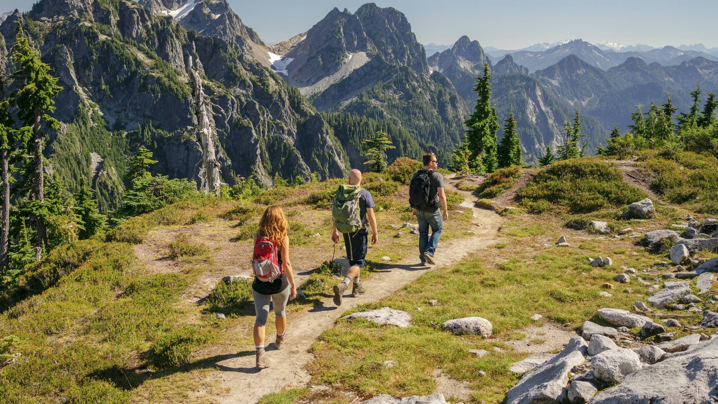 People hiking at North Cascades National Park against clear sky