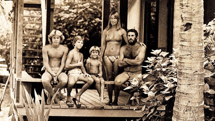 Jack Johnson and family on the front porch North Shore, Hawaii in 1978.