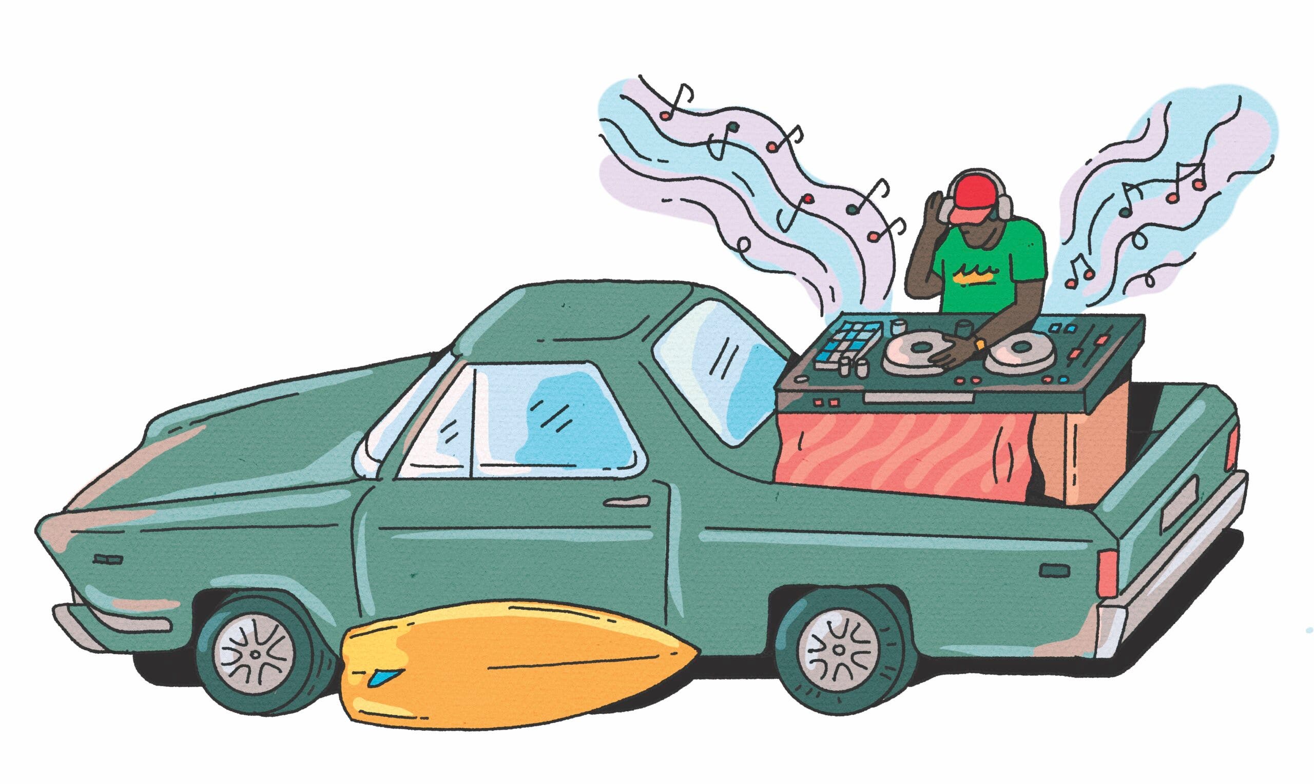 colorful illustration of someone DJ'ing in the back of a car with a surfboard