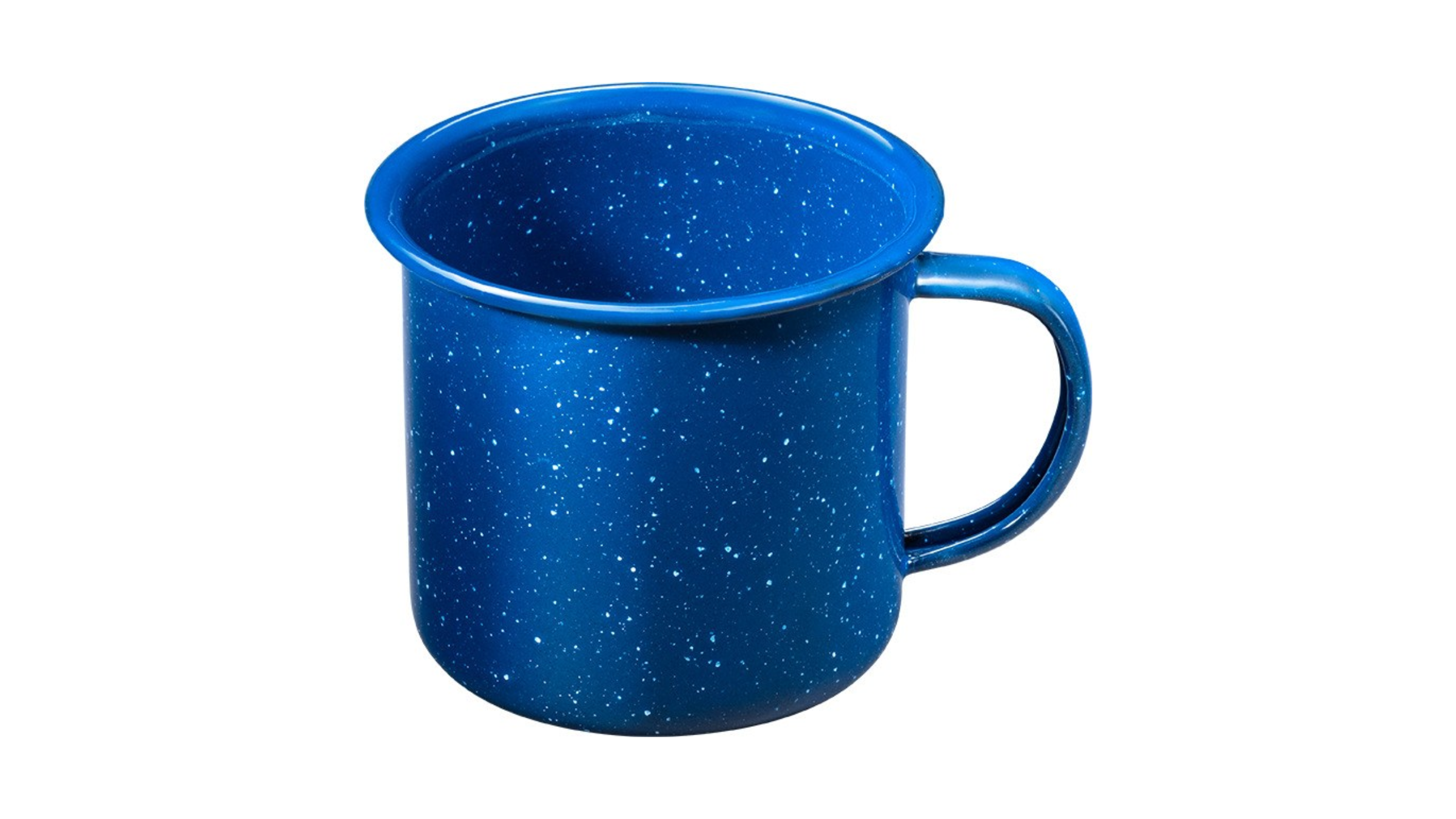 A classic blue speckled enamelware mug from Alpine Mountain Gear, perfect for holding a hot cup of fresh camp coffee by the fire.
