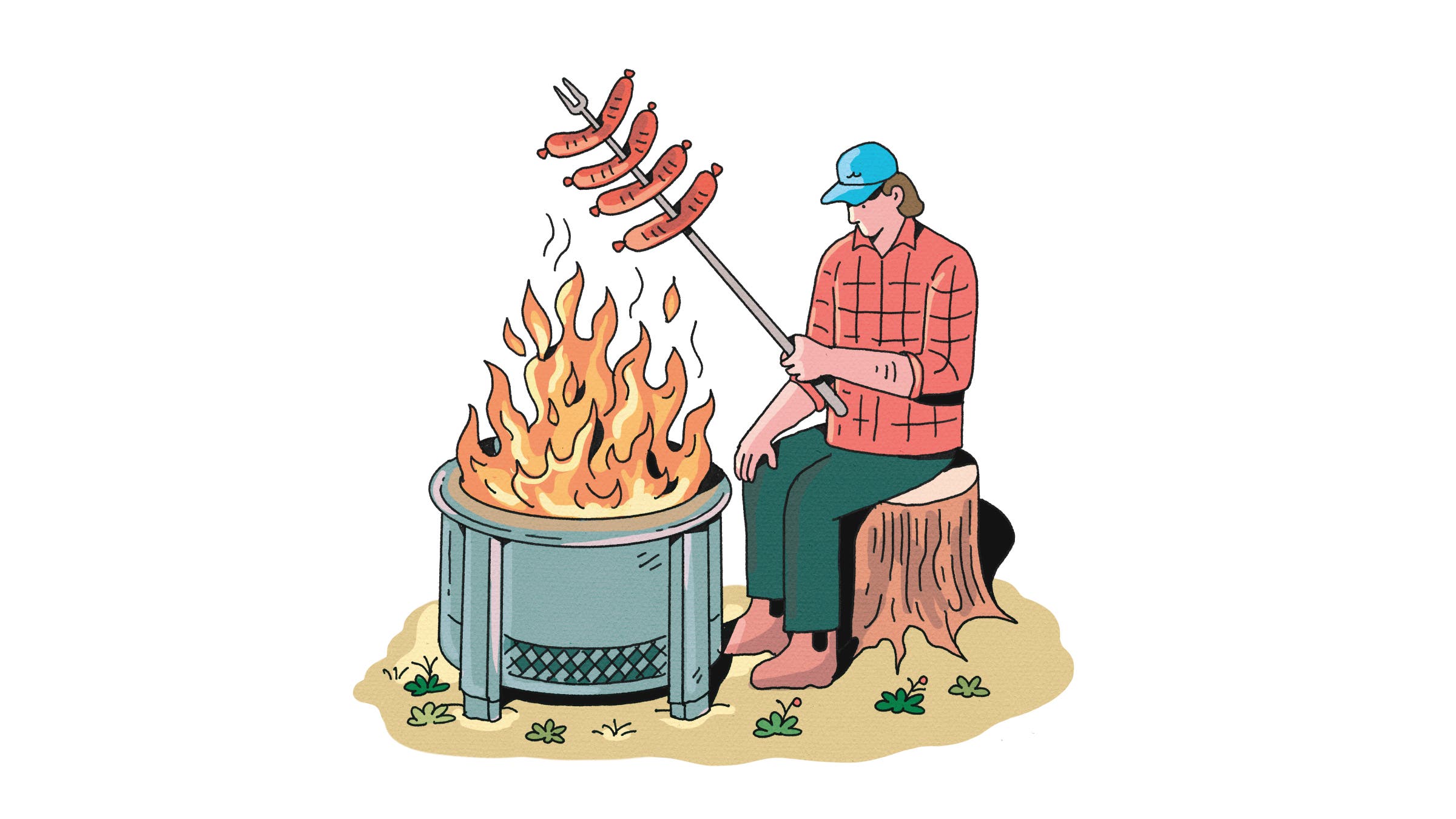 Illustration of a person heating skewered hotdogs over a fire pit.