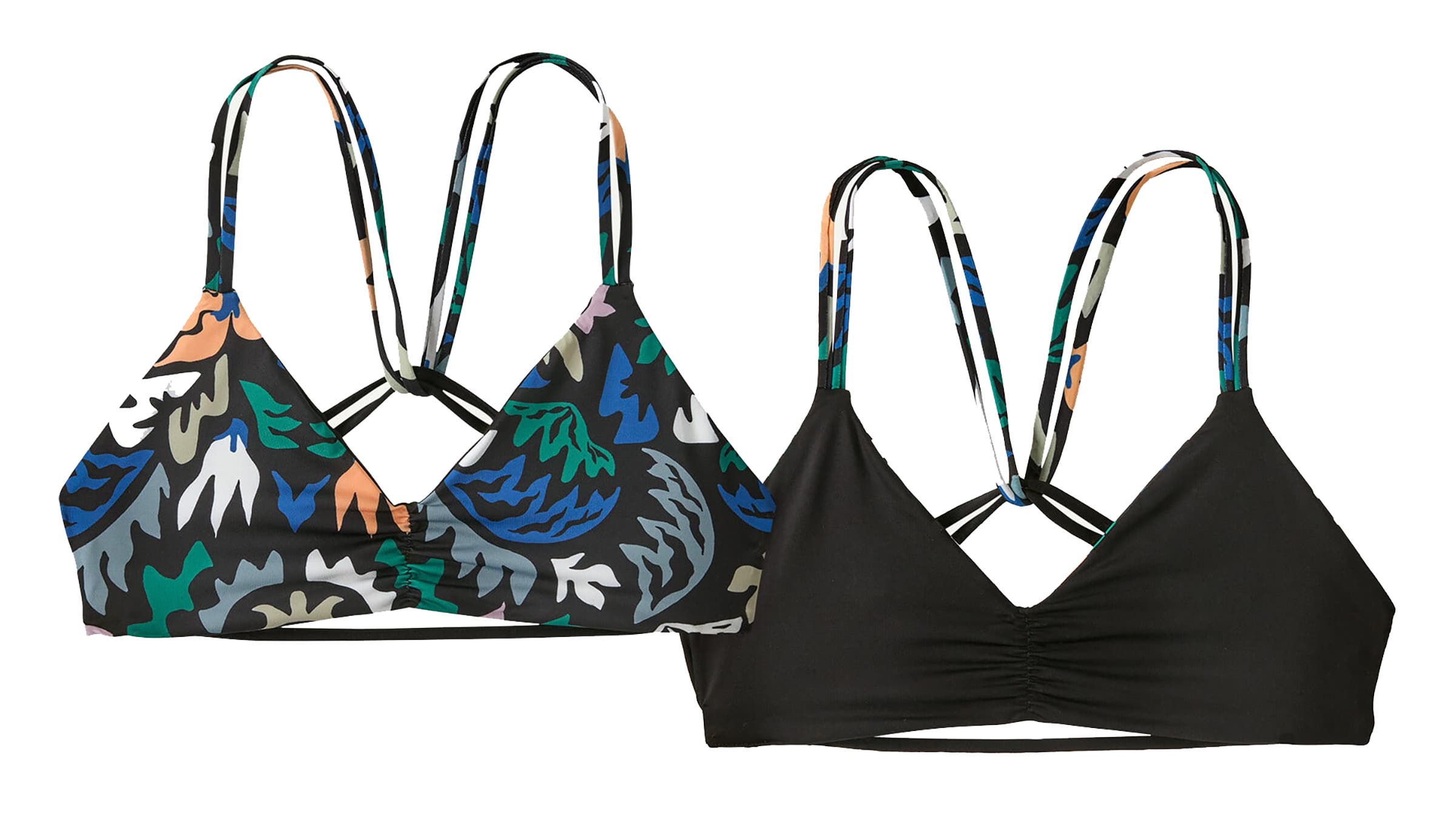 both versions, patterned and solid, of Patagonia Seaglass Bay reversible bikini top for active women