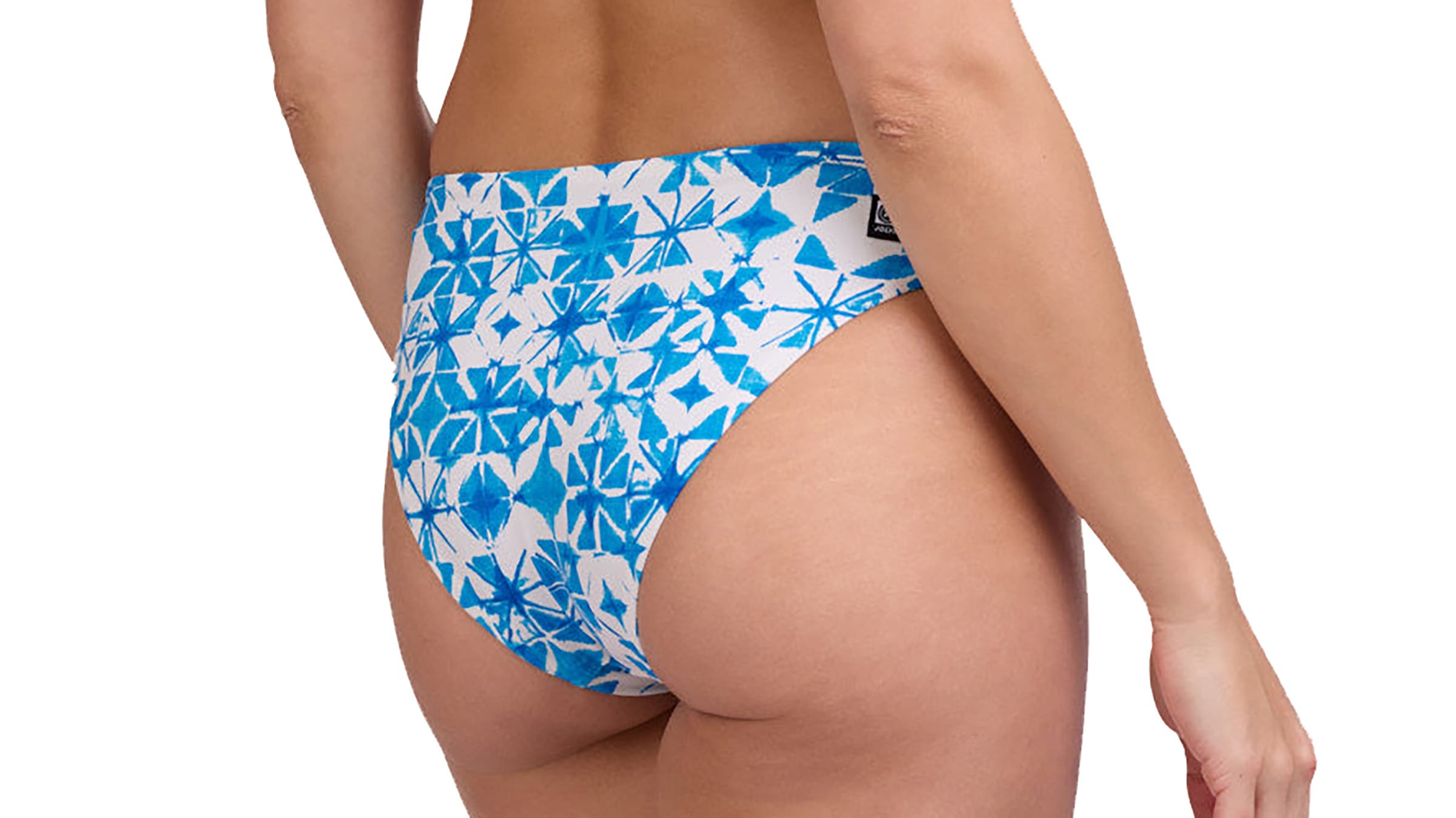 blue and white patterned Jolyn Valle bikini bottoms worn on model in front of white background