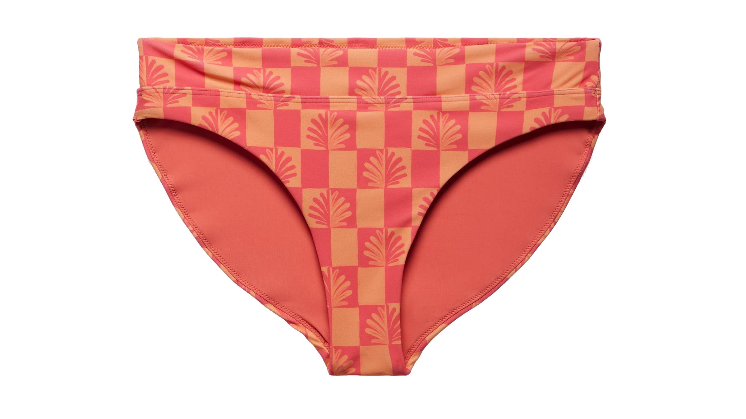 orange and pink checkered patterned Prana Summerwave bikini bottoms on white background