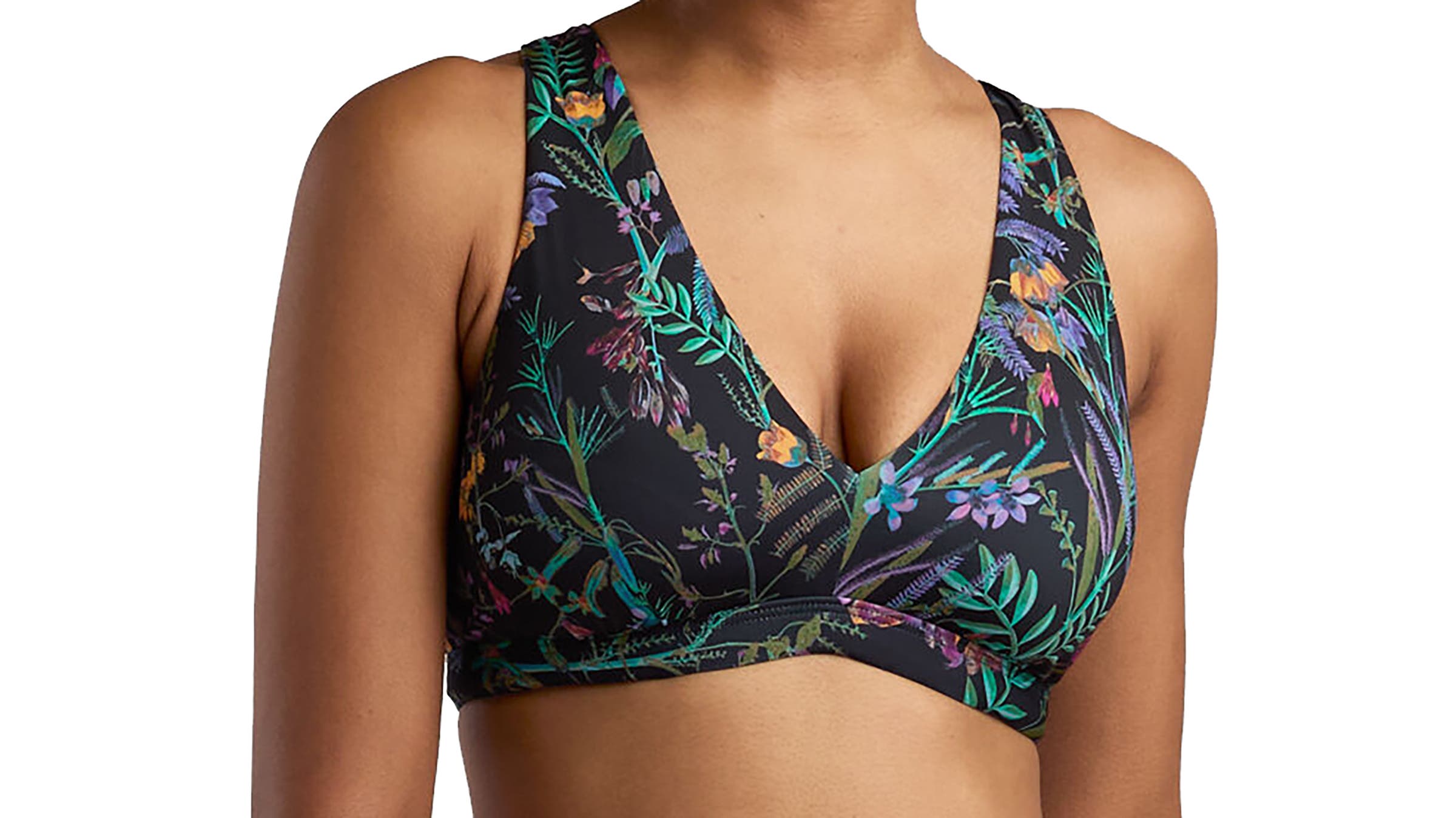dark floral patterned Title Nine Better Bikini Top worn on model in front of white background