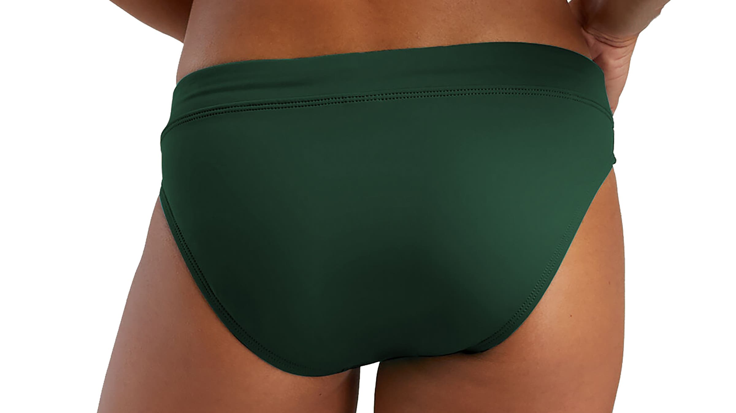 dark green Title Nine Lehua bikini bottom worn on model in front of white background