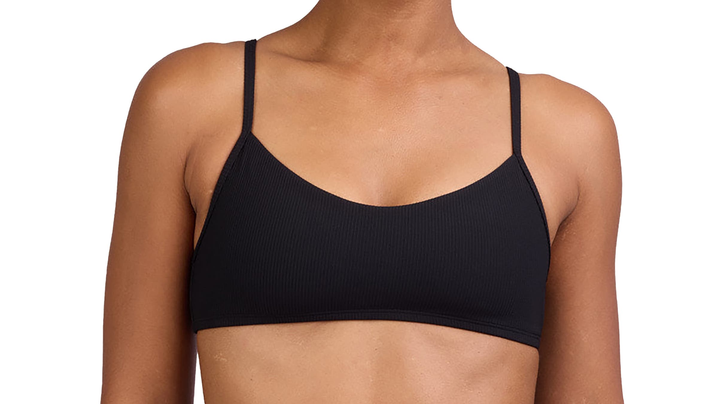 solid black Jolyn Eryn bikini top worn on model in front of white background, best active bikinis