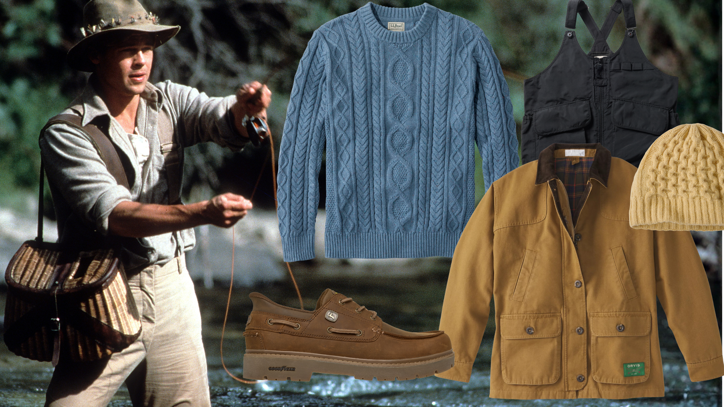 a background photo of Brad Pitt in A River Runs Through it with fishermancore products overlaid