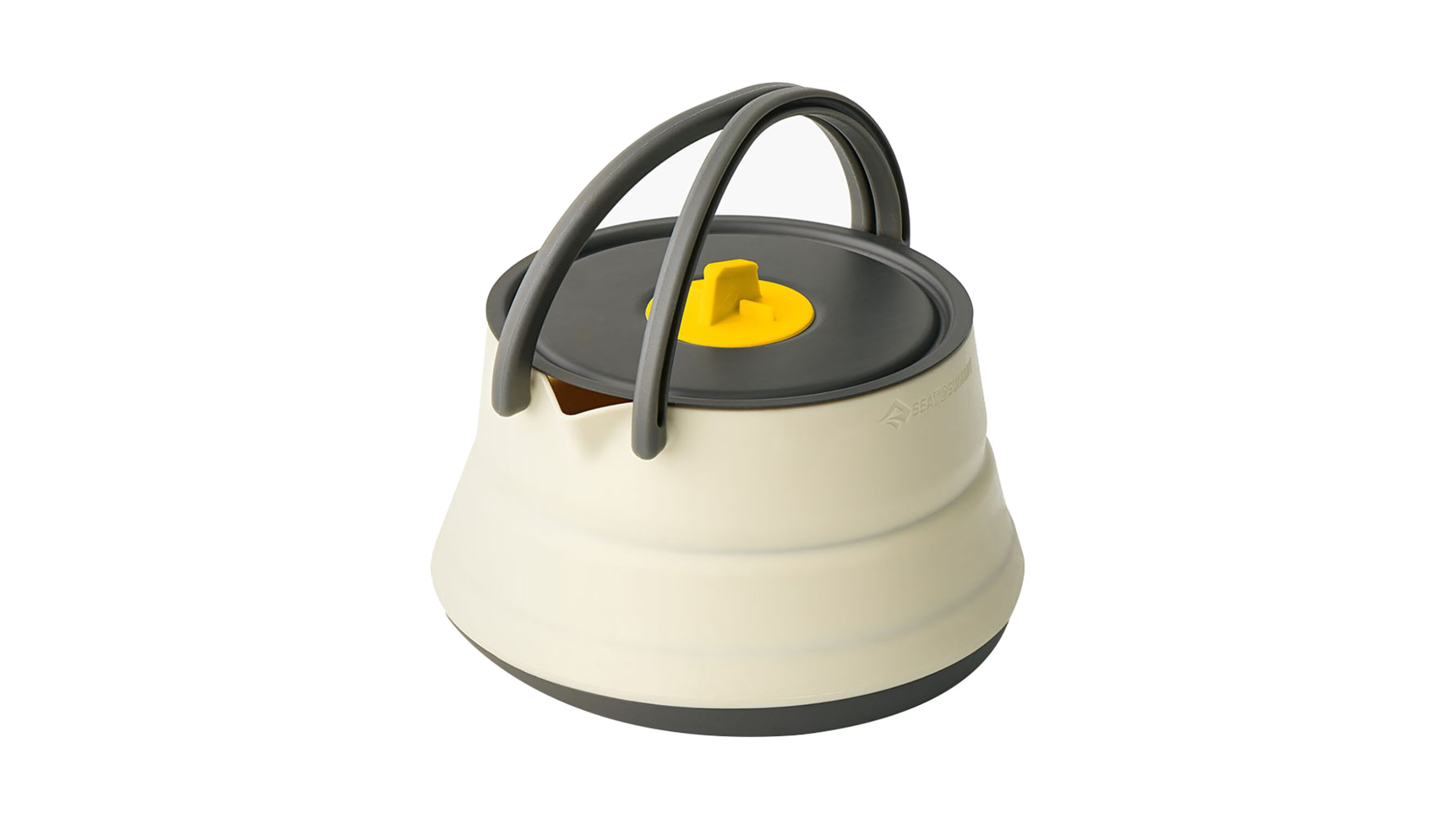 The Sea to Summit Frontier UL collapsible kettle in cream and grey features a space-saving design to easily boil water for outdoor cooking and camp coffee.