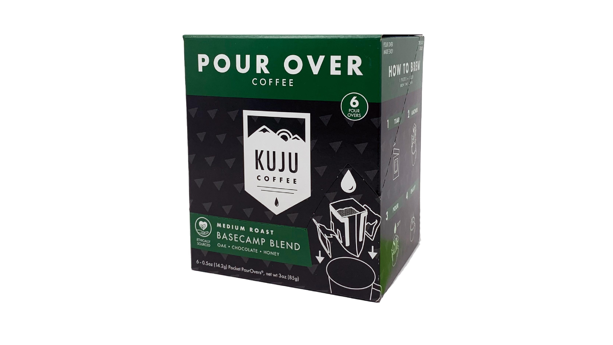 A green and black retail box of Kuju Coffee Basecamp Blend medium roast pocket pour-overs, offering a convenient way to brew single-serve camp coffee outdoors.