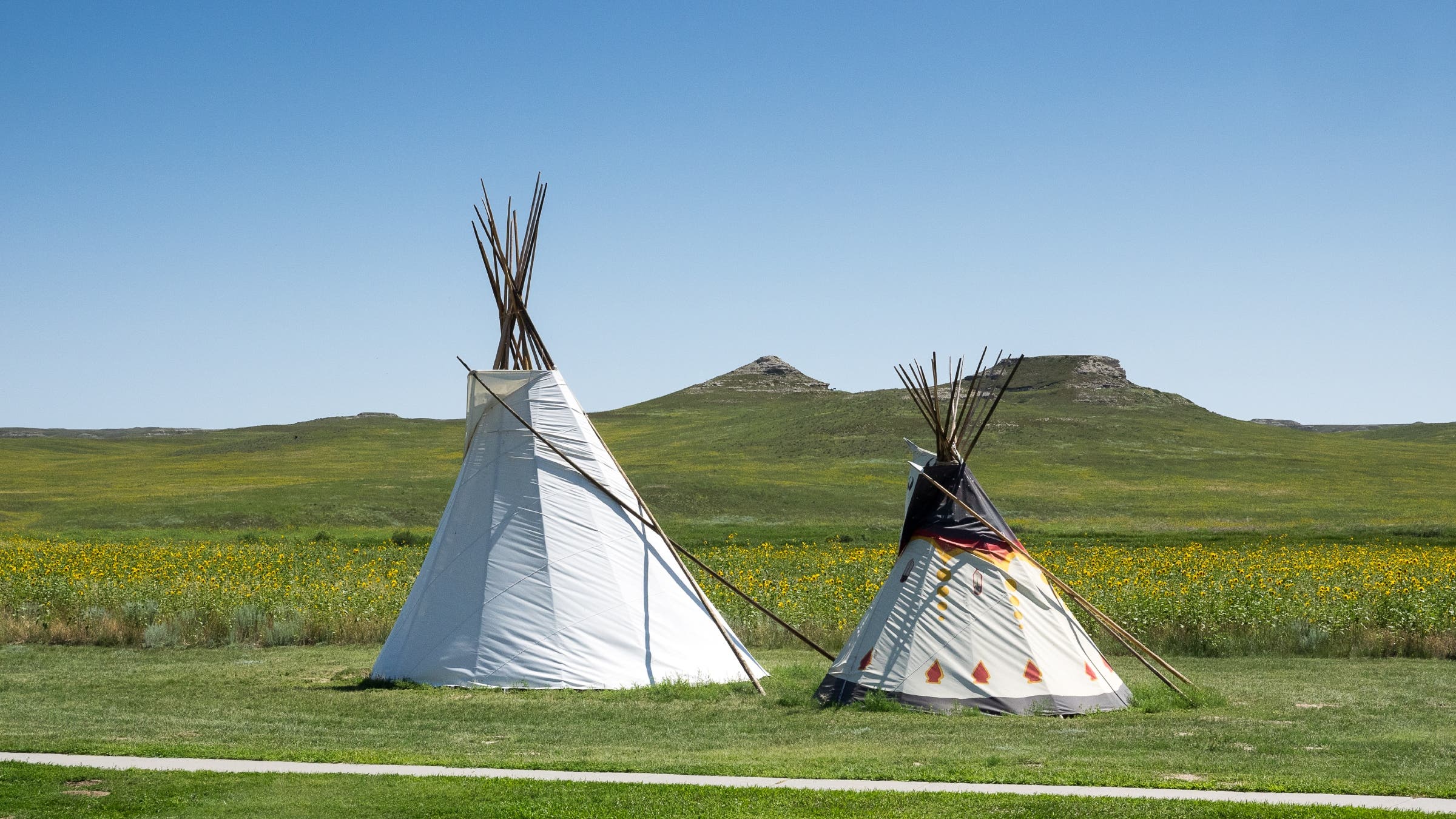 Two tepees on green grassy plains.