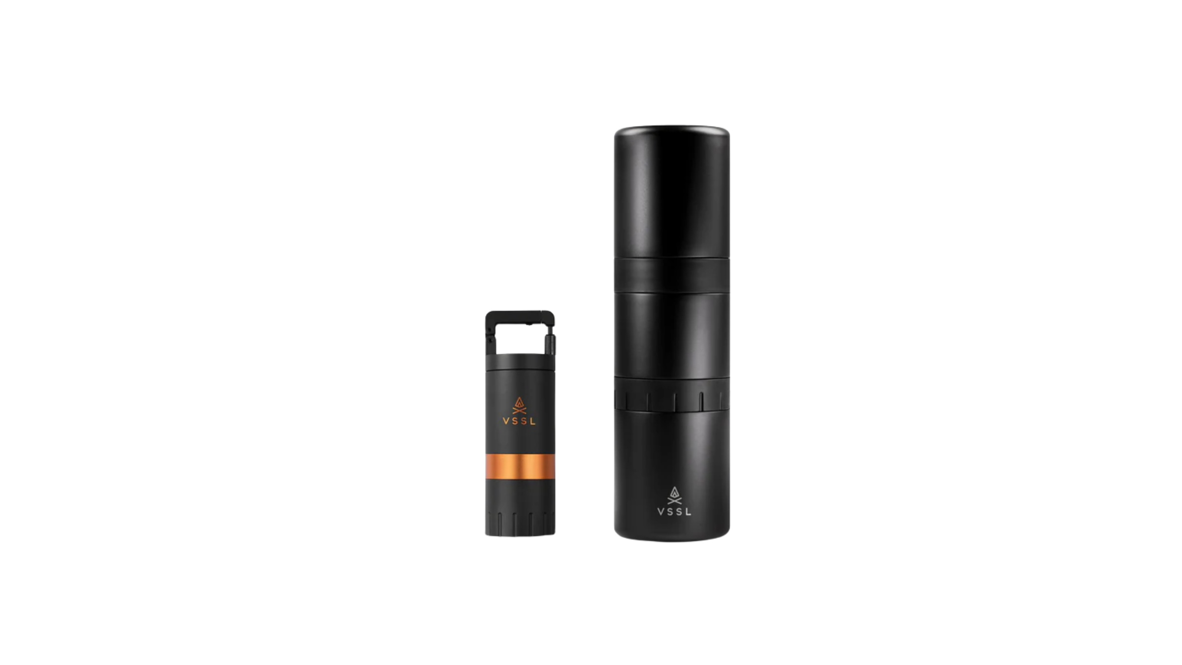 The sleek, black VSSL Nest Pour-Over Kit features a premium hand grinder next to an integrated nesting brewer system designed for high-quality camp coffee on the go.