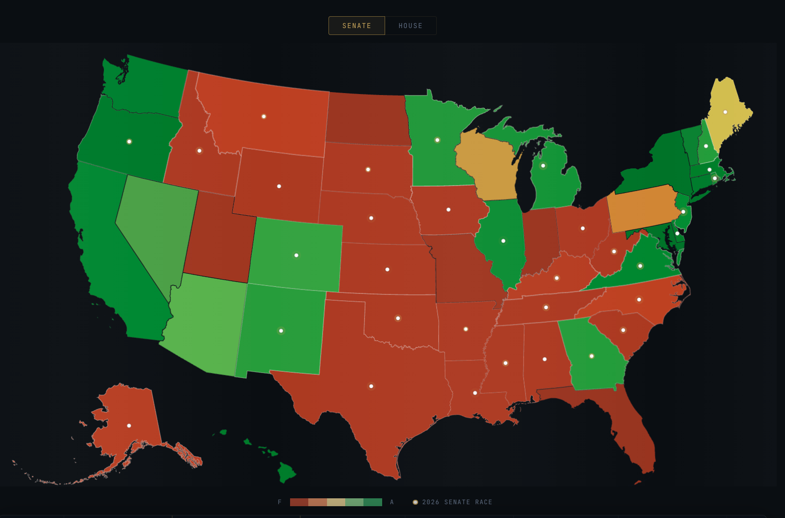 A map of the u.s. shows how senate members voted and what their grade scores are based on red (f) green (a)