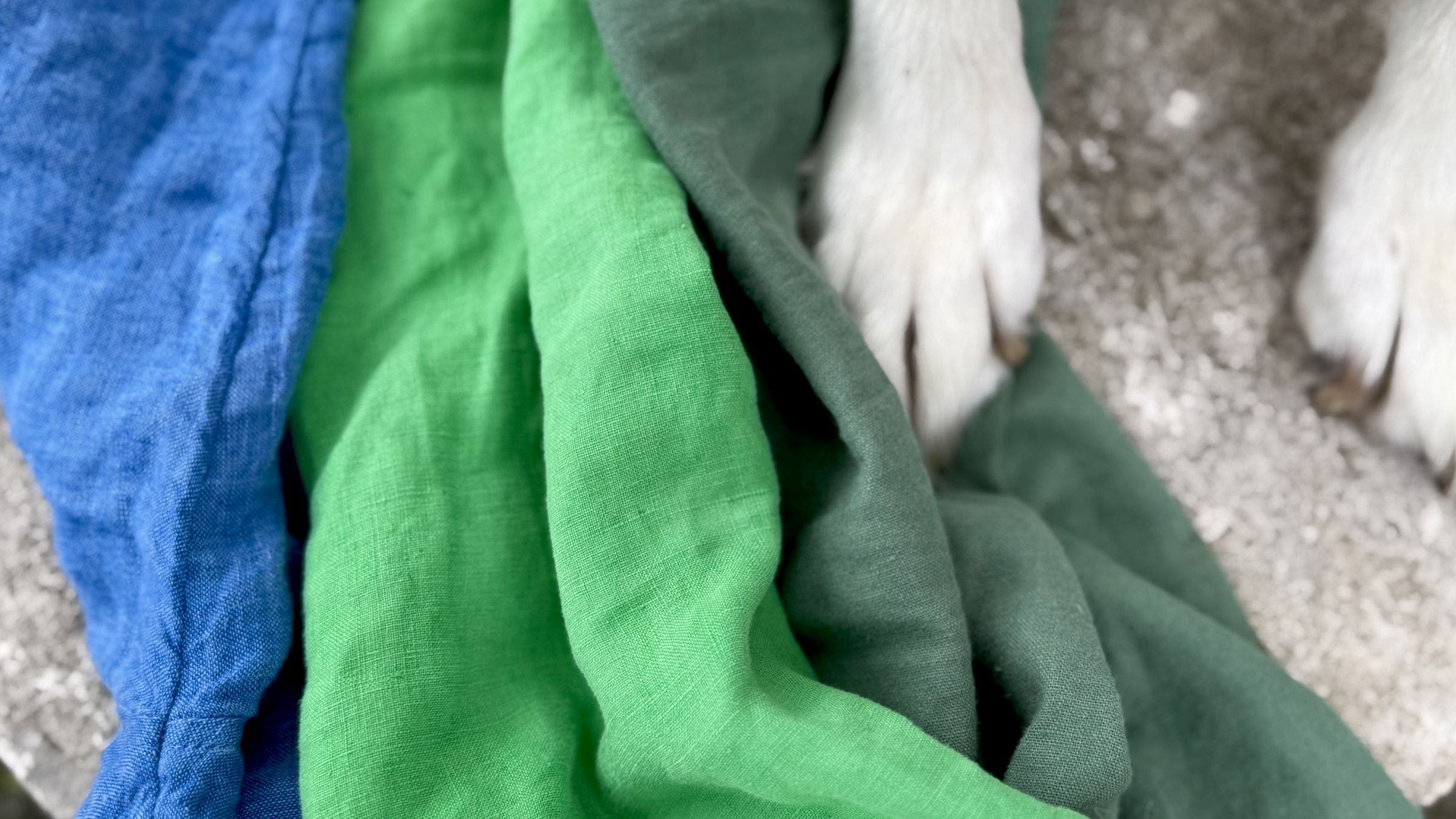 Some thrifted linen shirts from the author's collection—next to a dog paw