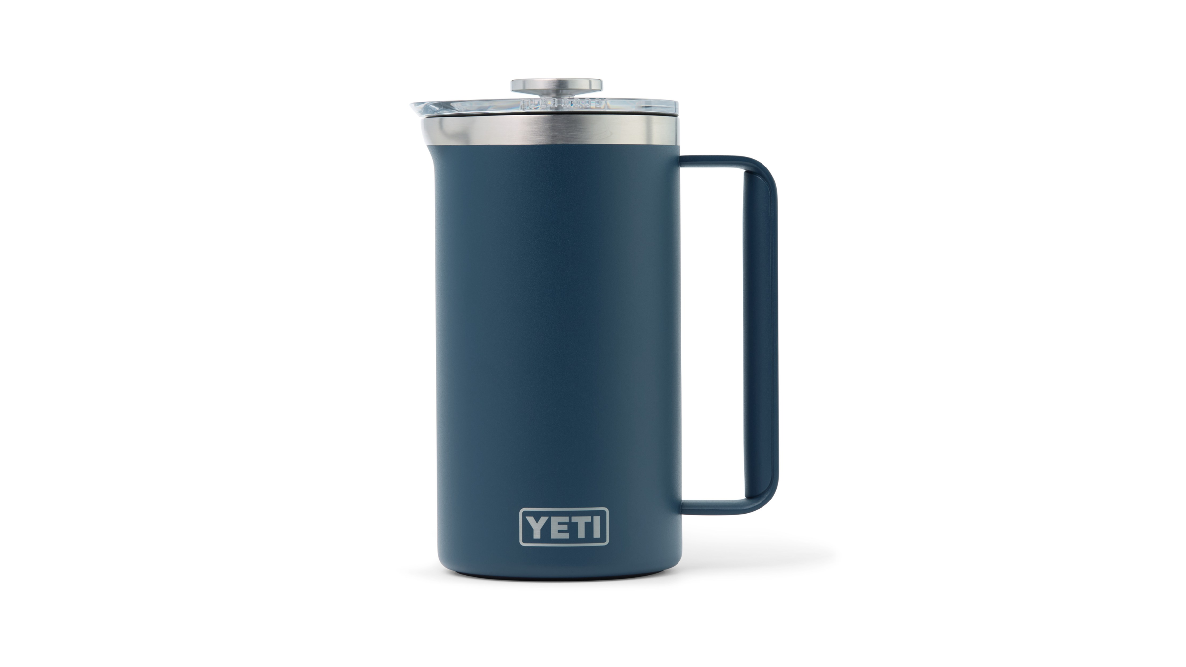 A navy blue YETI Rambler French Press with a sturdy handle and vacuum-insulated design keeps a large batch of camp coffee hot while outdoors.