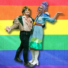 a cutout of thespis d. light and efemmera gendera is shown against a pride flag backdrop