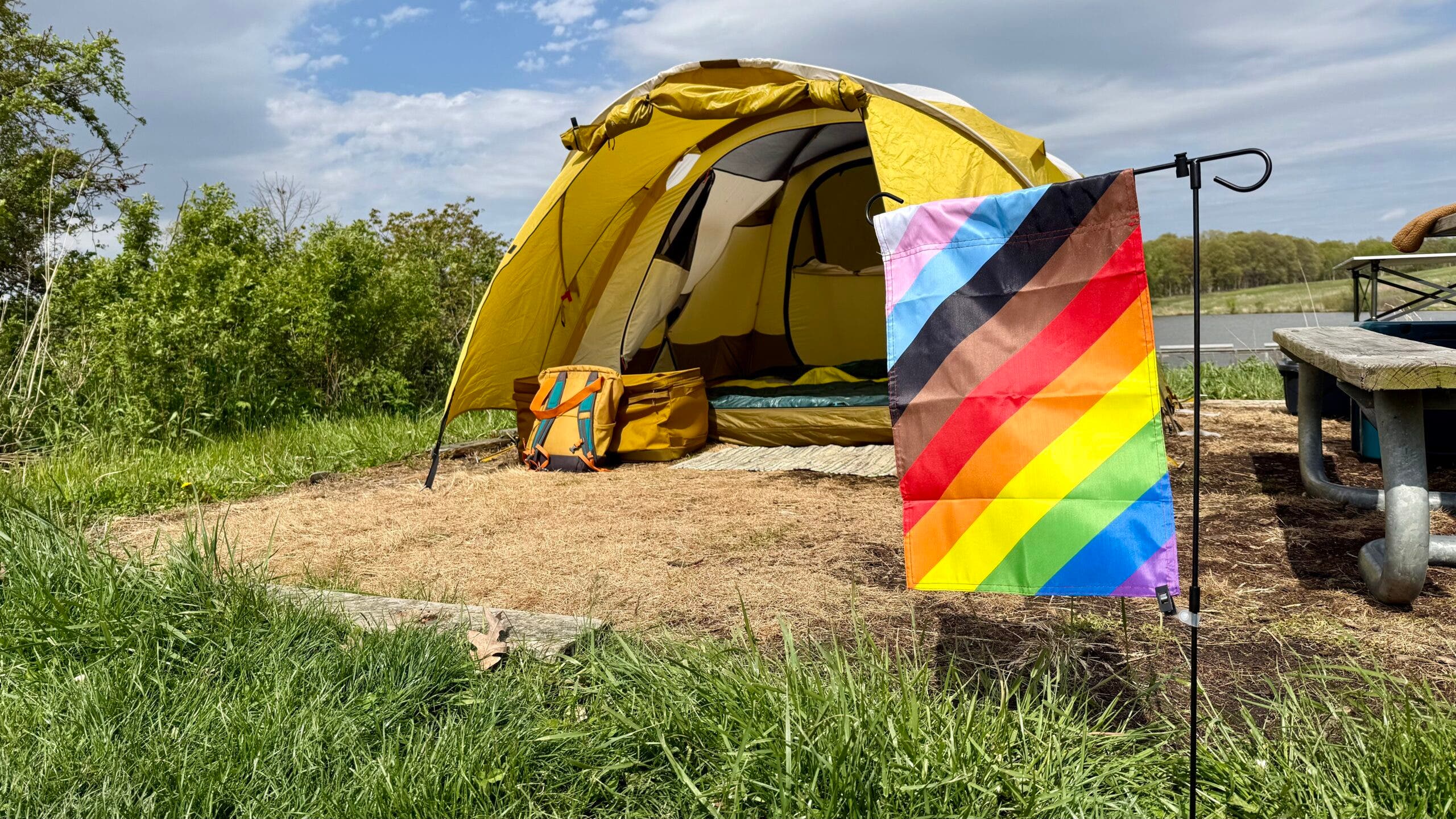 Flags for Good Rainbow flag at the campsite during Pride Month