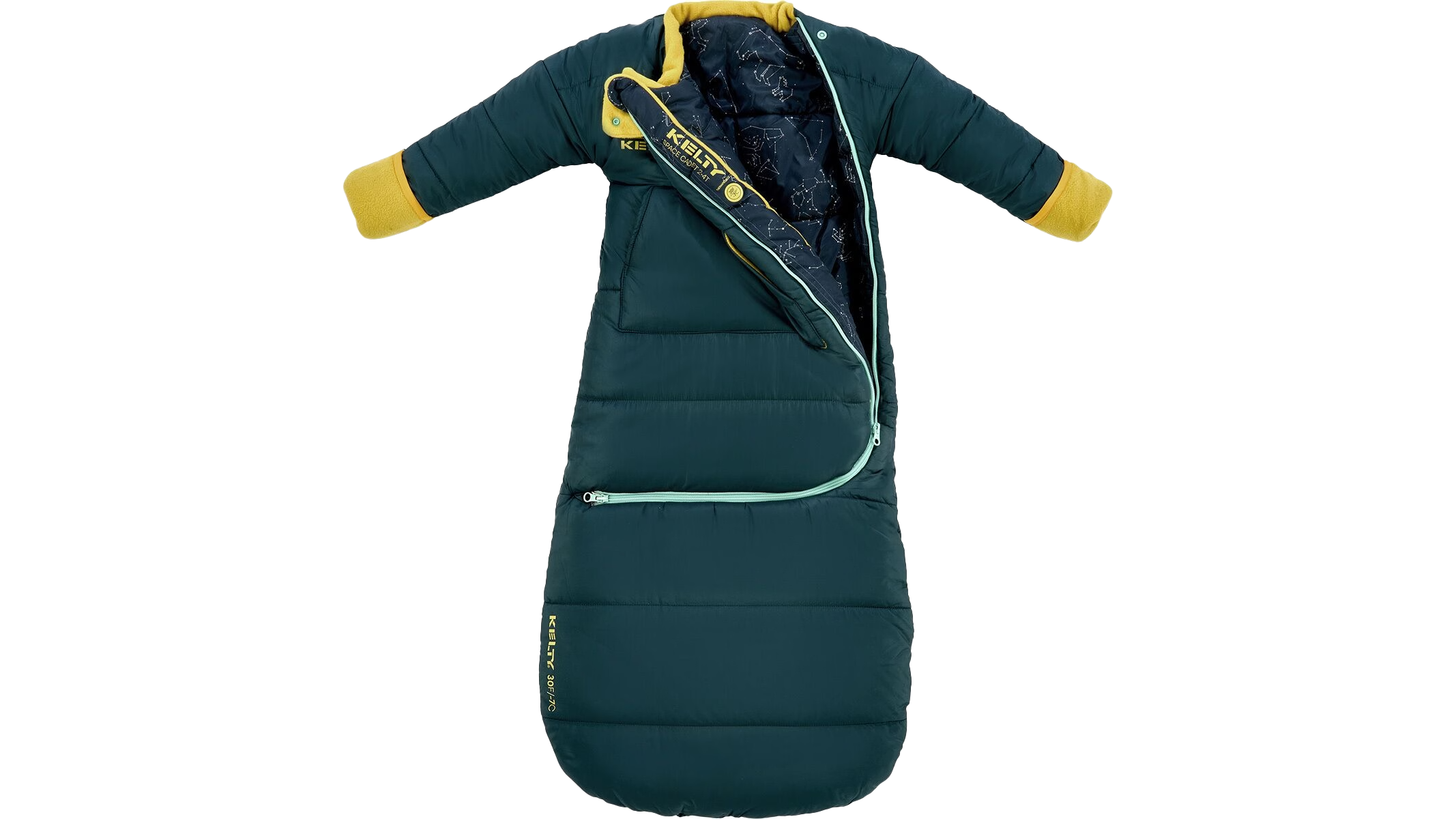 Green Kelty Space Cadet baby sleeping bag on white background