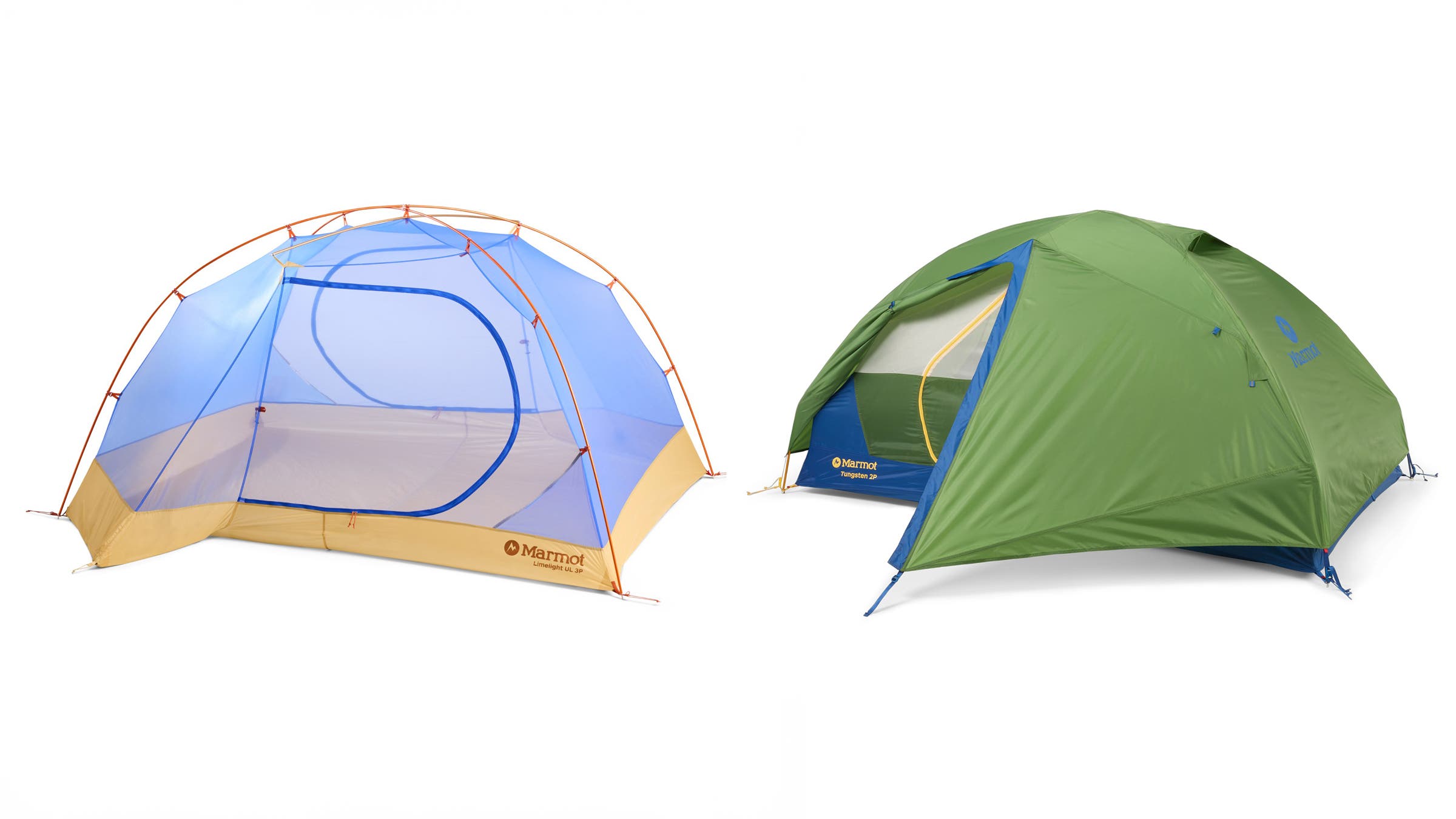 Marmot Limelight Ultralight 3P and Tungsten 2P camping tents.