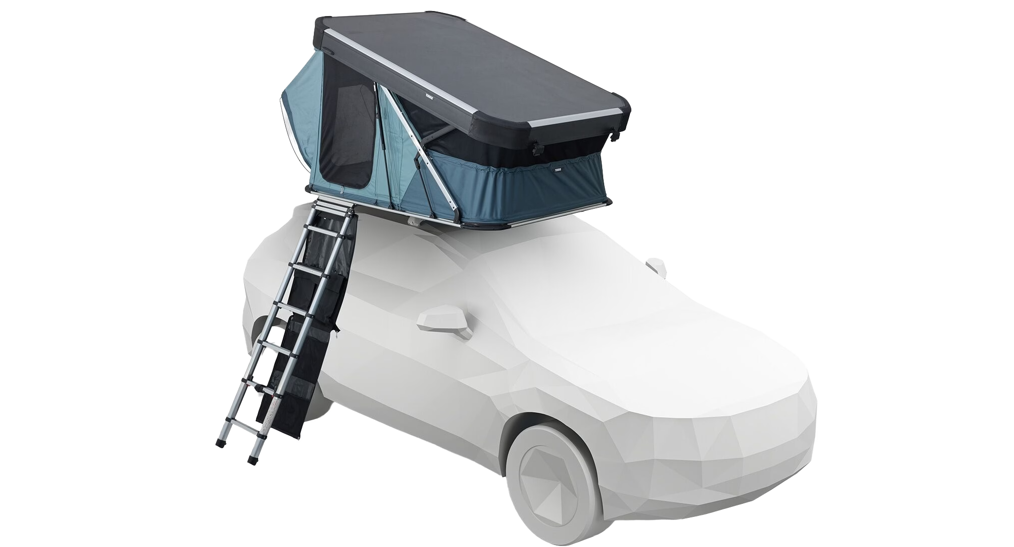 Thule Widesky Rooftop Tent deployed on rendered car on white backdrop