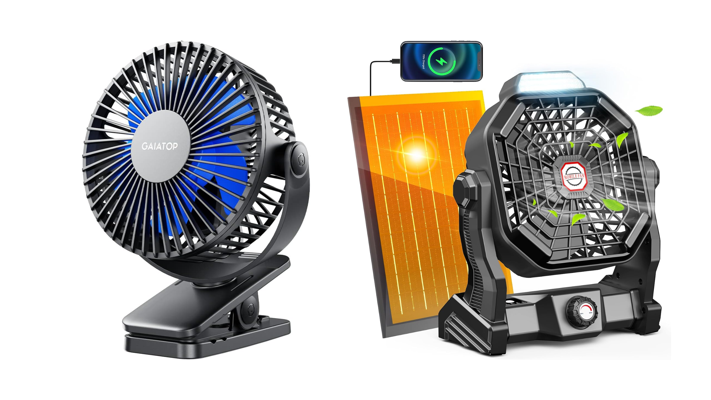 A black clip-on fan with blue blades next to a rugged, solar-powered camping fan, both of which are excellent cooling options to include on a summer camp packing list.