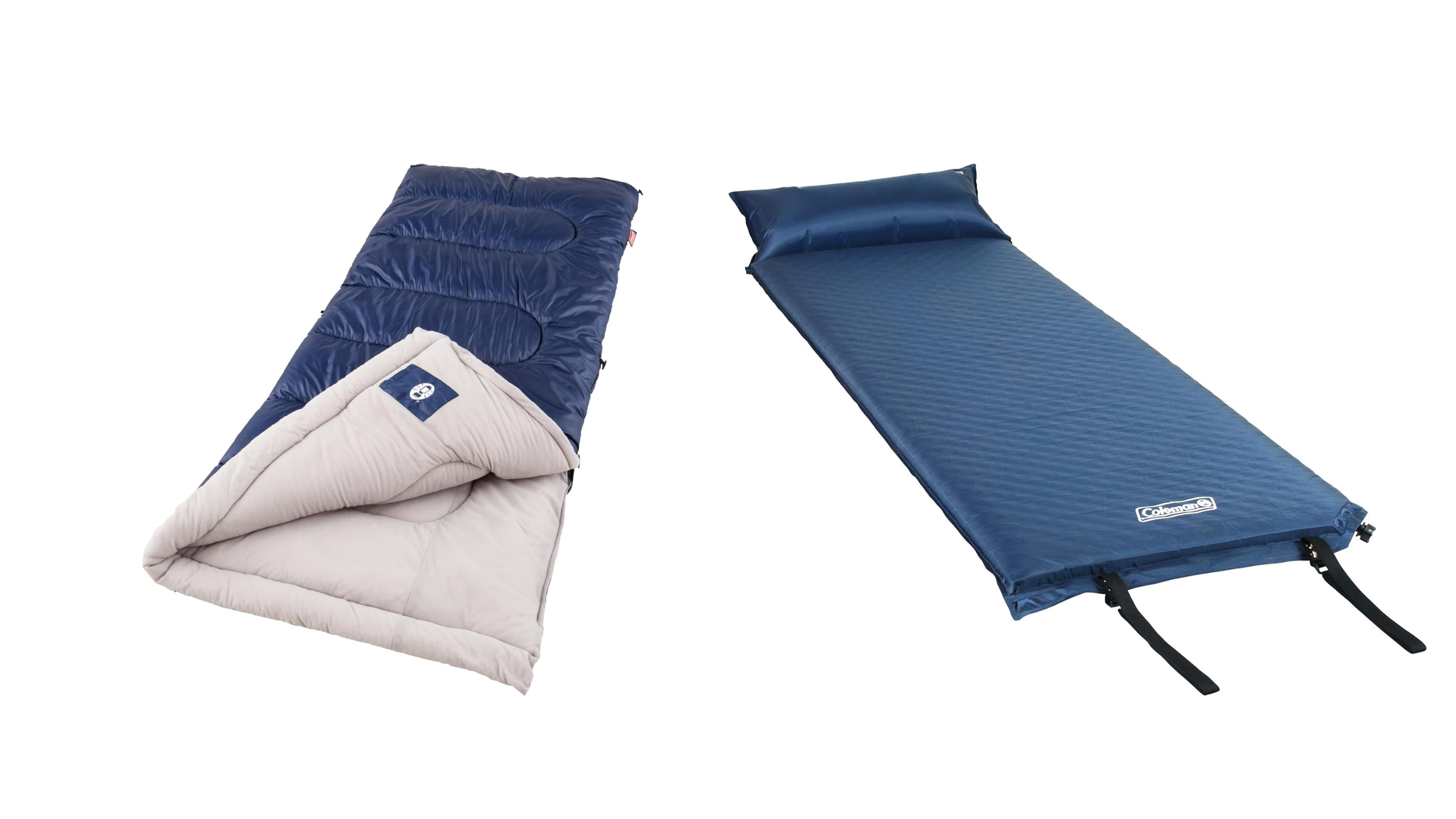 A dark blue quilted Coleman sleeping bag unzipped to reveal a light gray inner lining, displayed next to a matching blue inflatable Coleman camping sleeping pad with an integrated pillow.