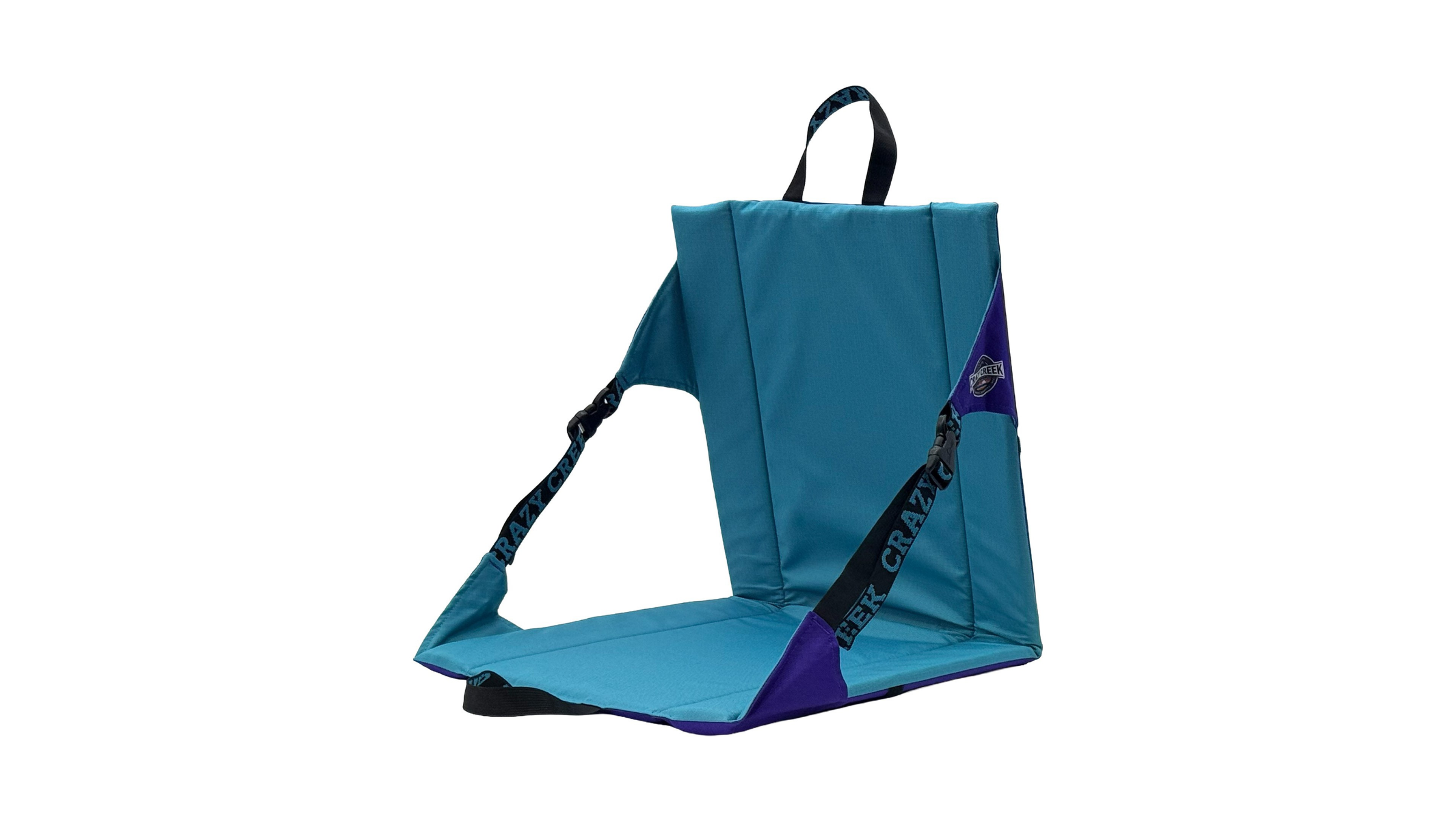 A teal and purple adjustable Crazy Creek folding camp chair, providing a lightweight and durable portable seating solution for a summer camp packing list.