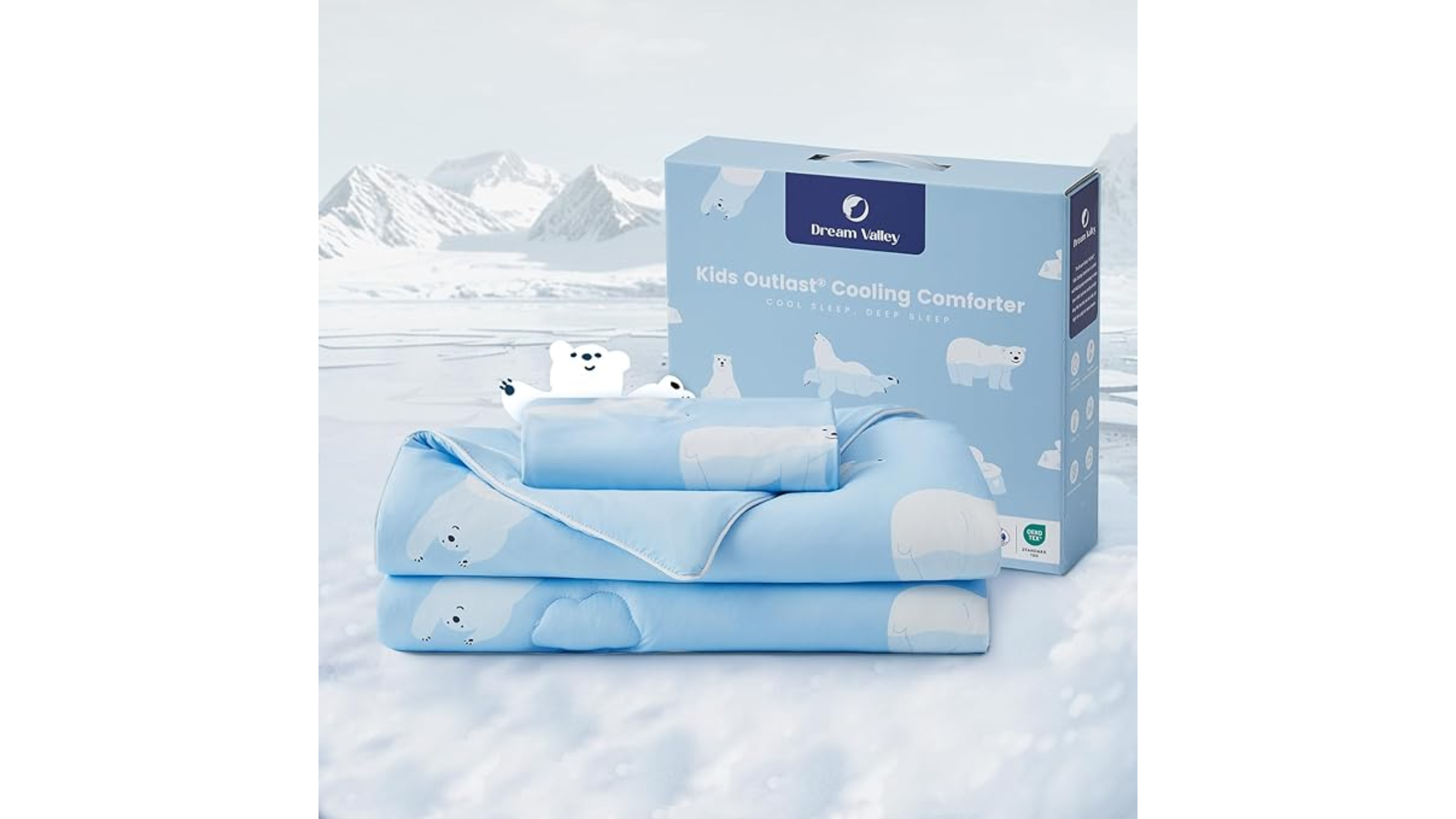 A folded light blue Dream Valley Kids Outlast cooling comforter featuring polar bear prints next to its packaging, a smart addition to a summer camp packing list for hot cabin nights.