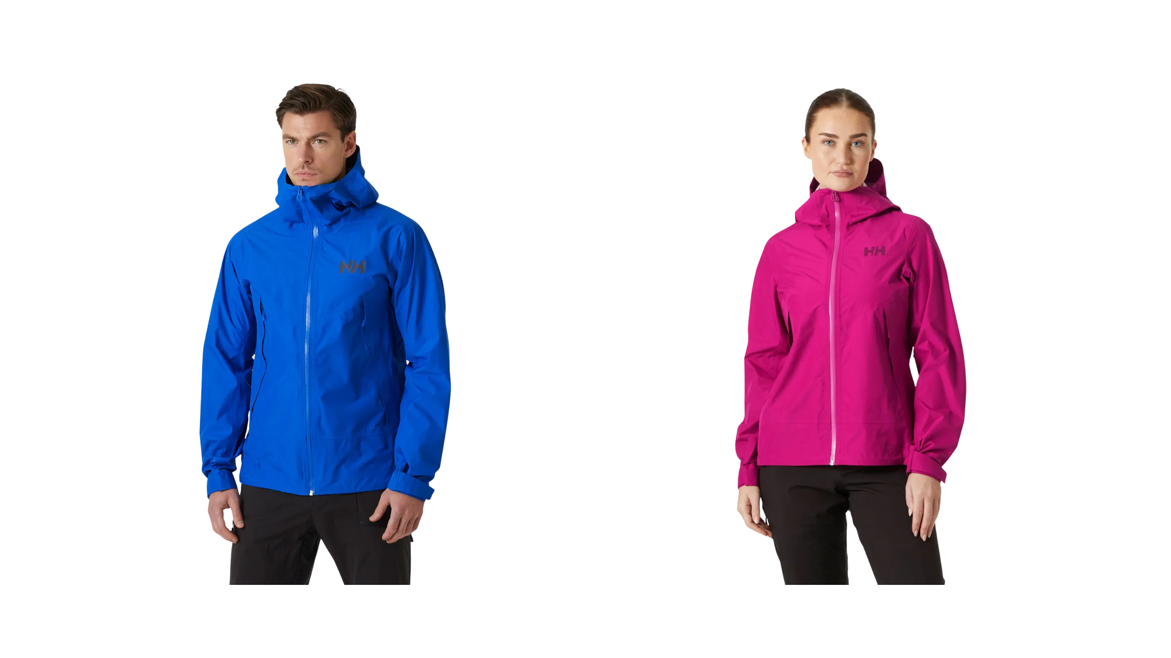 A man in a royal blue Helly Hansen jacket and a woman in a magenta Helly Hansen jacket, representing a premium outerwear alternative to a standard budget rain jacket.