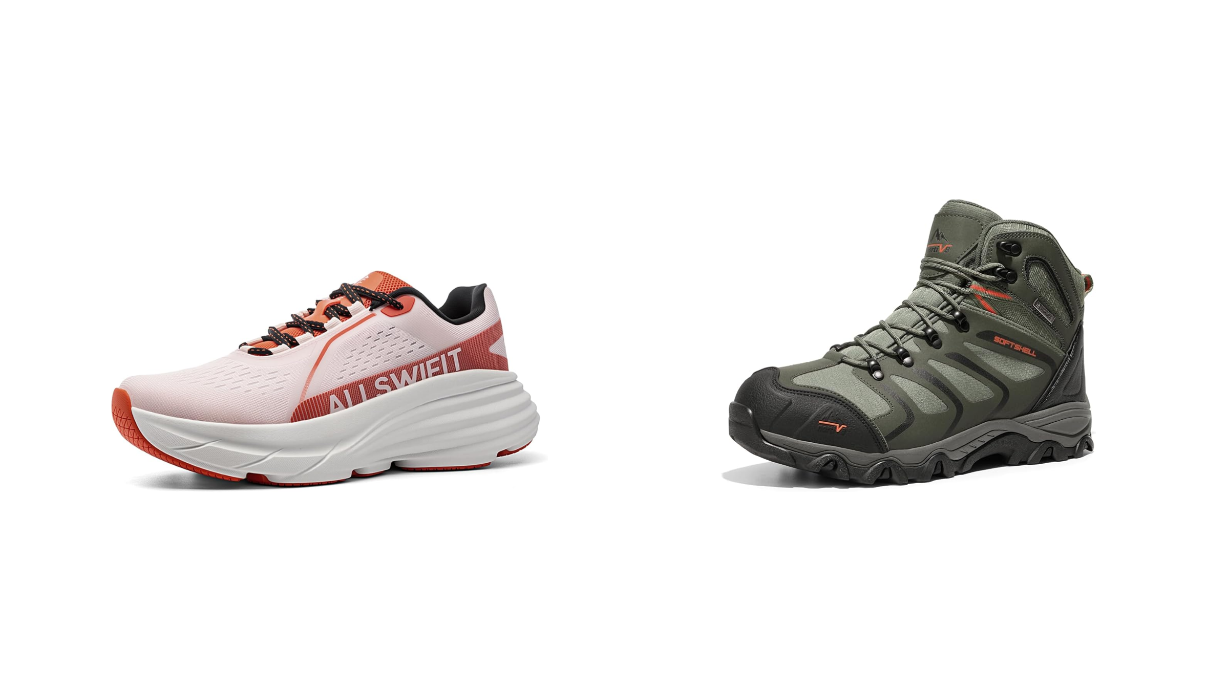 A side-by-side comparison of a Nortiv 8 light pink and white thick-soled running shoe labeled "ALL SWIFT" next to a rugged, olive green and black high-top hiking boot with orange accents.
