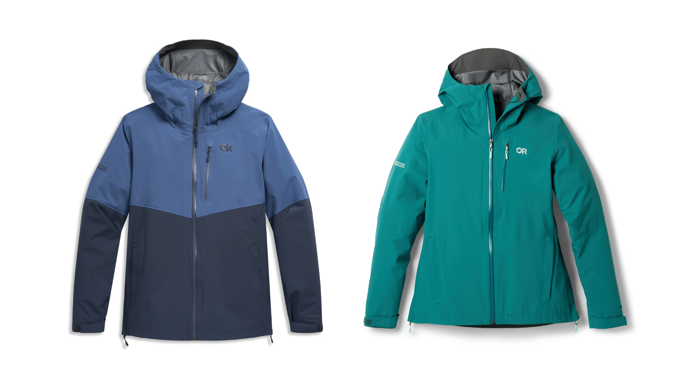 A men's two-tone blue Outdoor Research jacket and a women's teal Outdoor Research jacket, offering a mid-tier performance step up from a basic budget rain jacket.