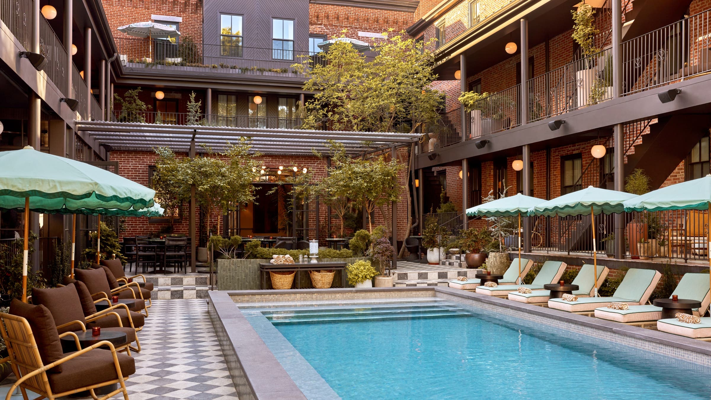 A courtyard pool at a hotel.