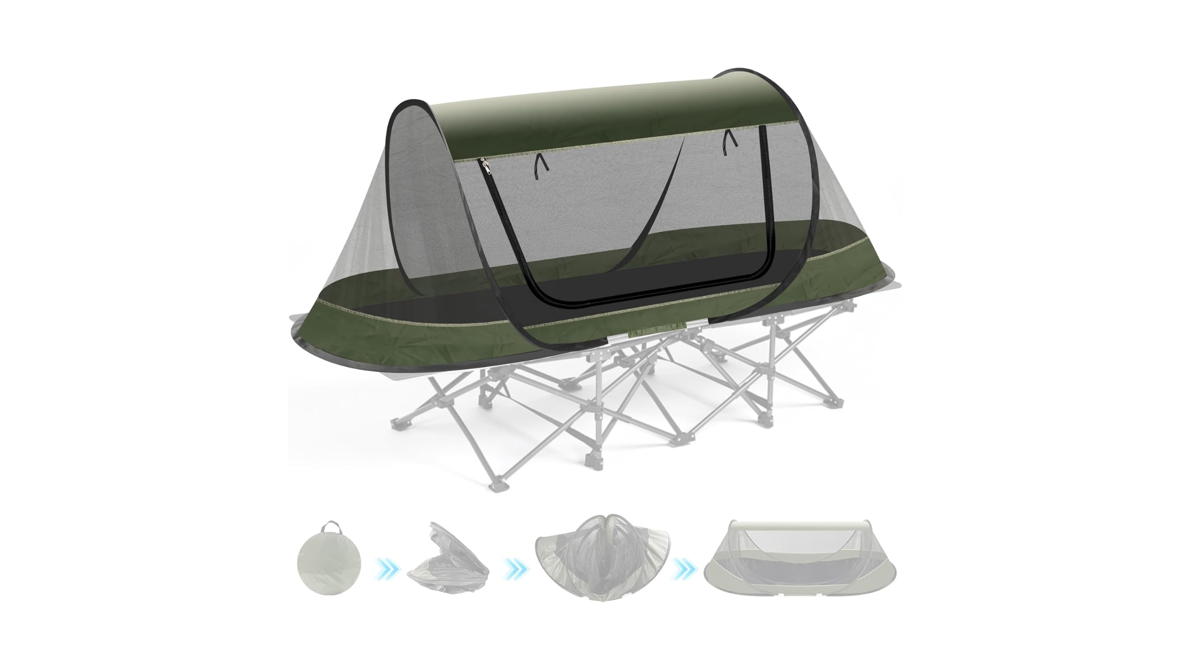 An olive green pop-up mosquito tent designed to fit over a standard camping cot, serving as a vital bug-defense item on a summer camp packing list.