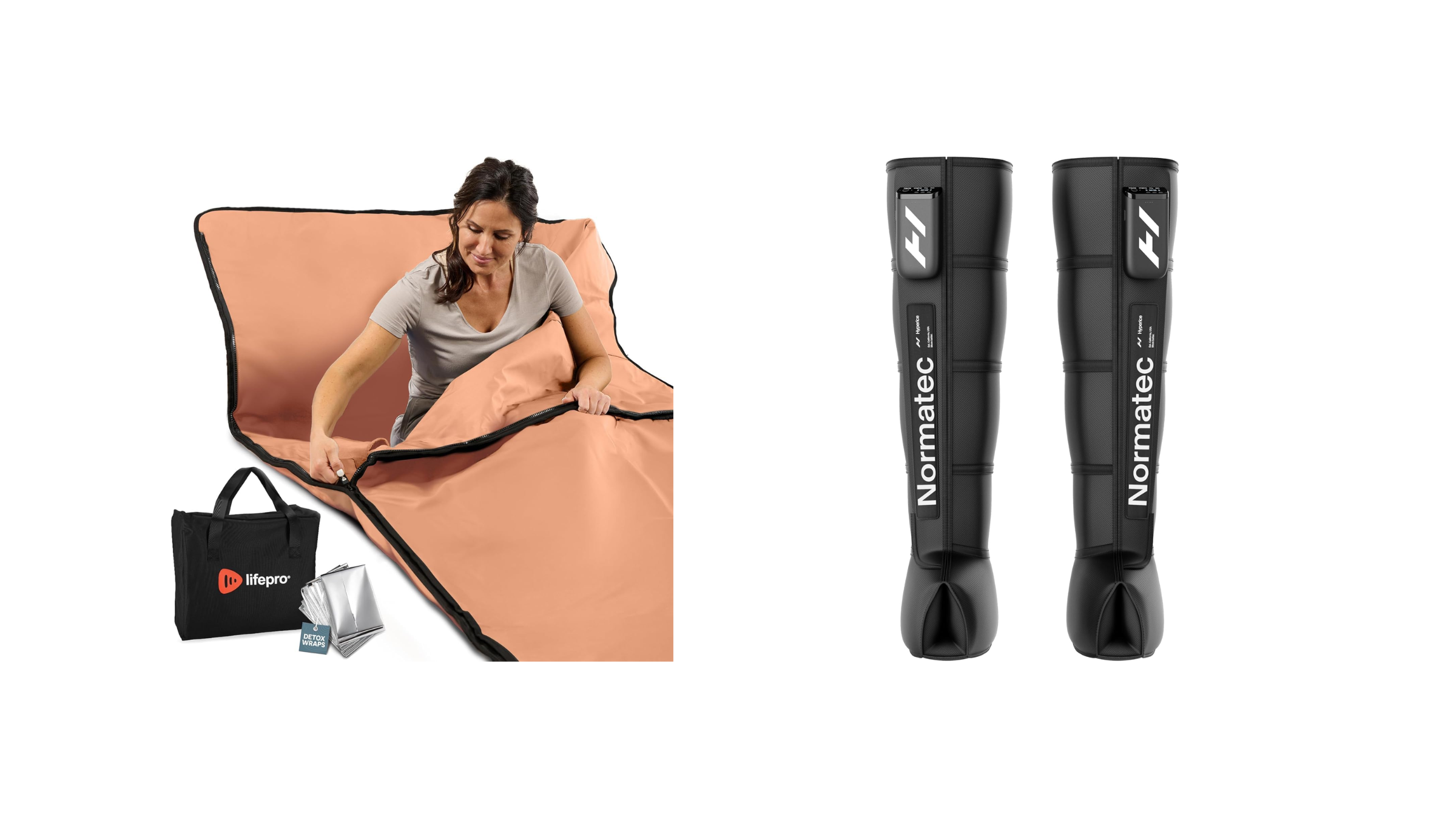 A split graphic showing a woman using a peach-colored infrared sauna blanket next to its black carrying bag on the left, and a pair of tall black compression leg sleeves on the right.