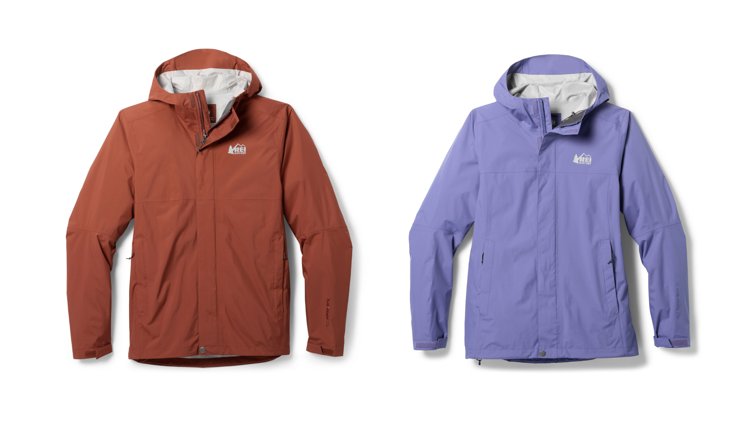 A men's rust-colored REI Co-op Rainier jacket and a women's lavender REI Co-op Rainier jacket, showcased as a top-rated, reliable budget rain jacket.