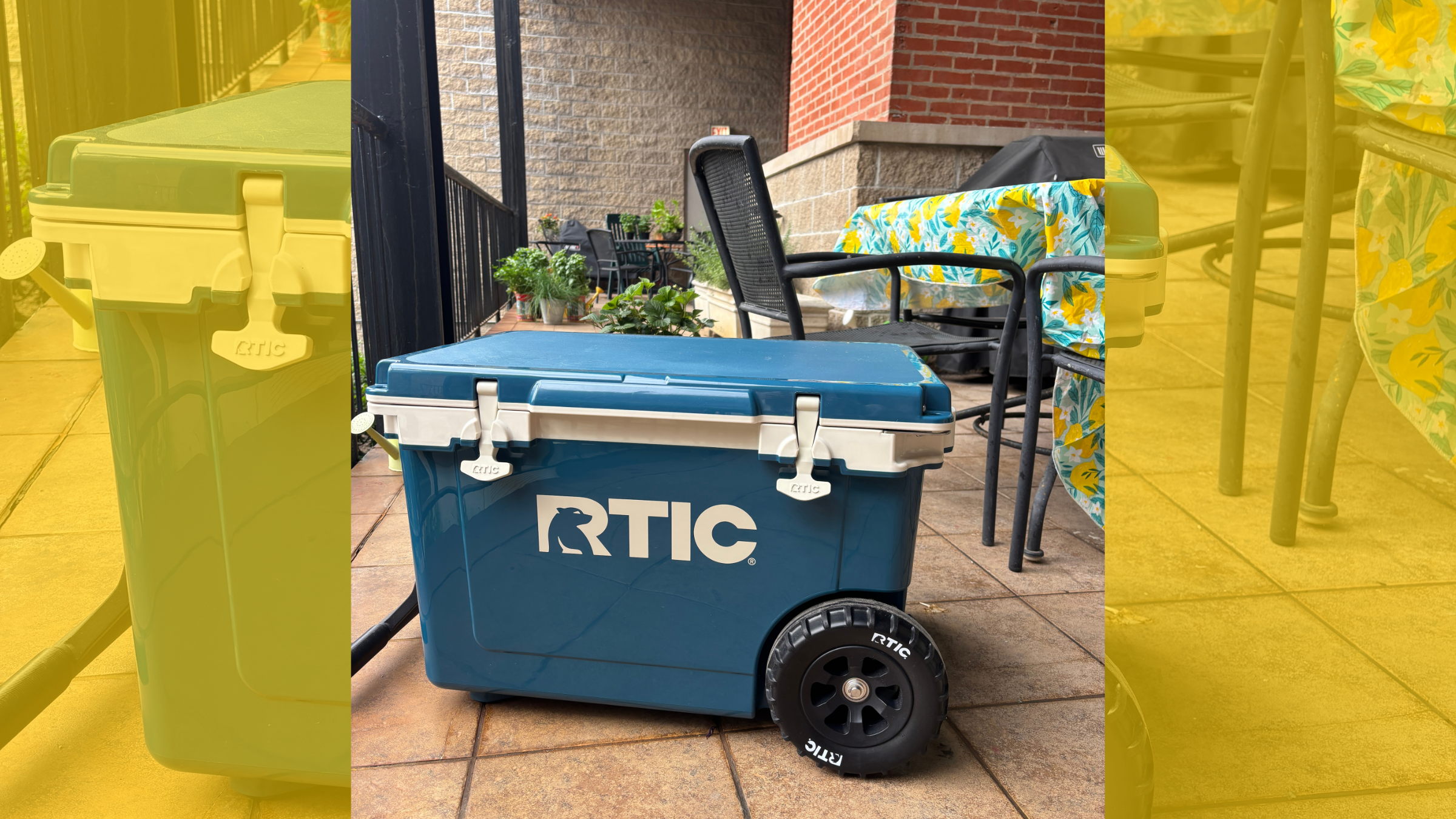 blue rtic wheeled hard cooler on a patio