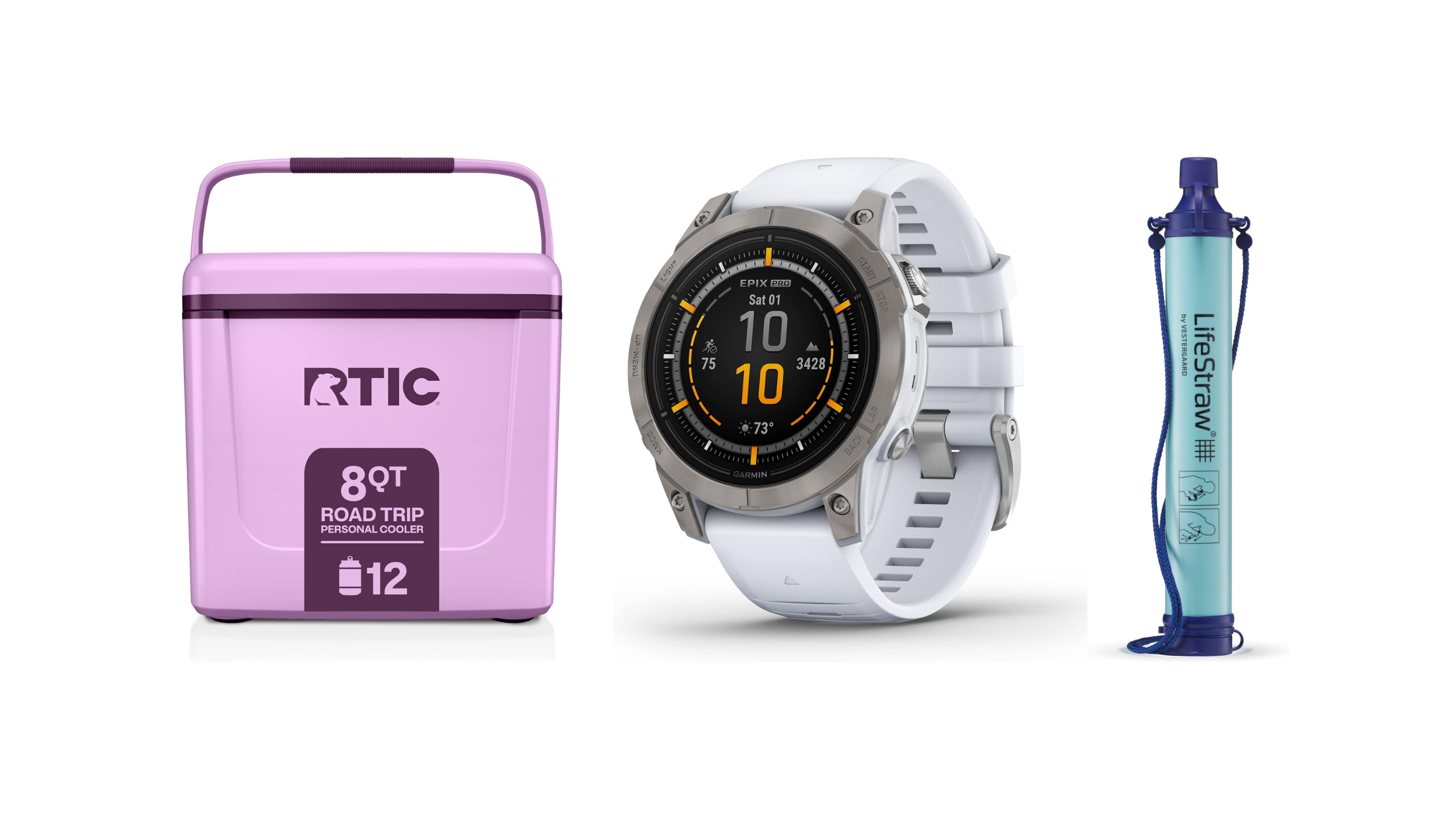 A row of outdoor gear featuring a lilac-colored 8-quart personal cooler, a white rugged smartwatch with a digital fitness display, and a blue personal water filtration straw.