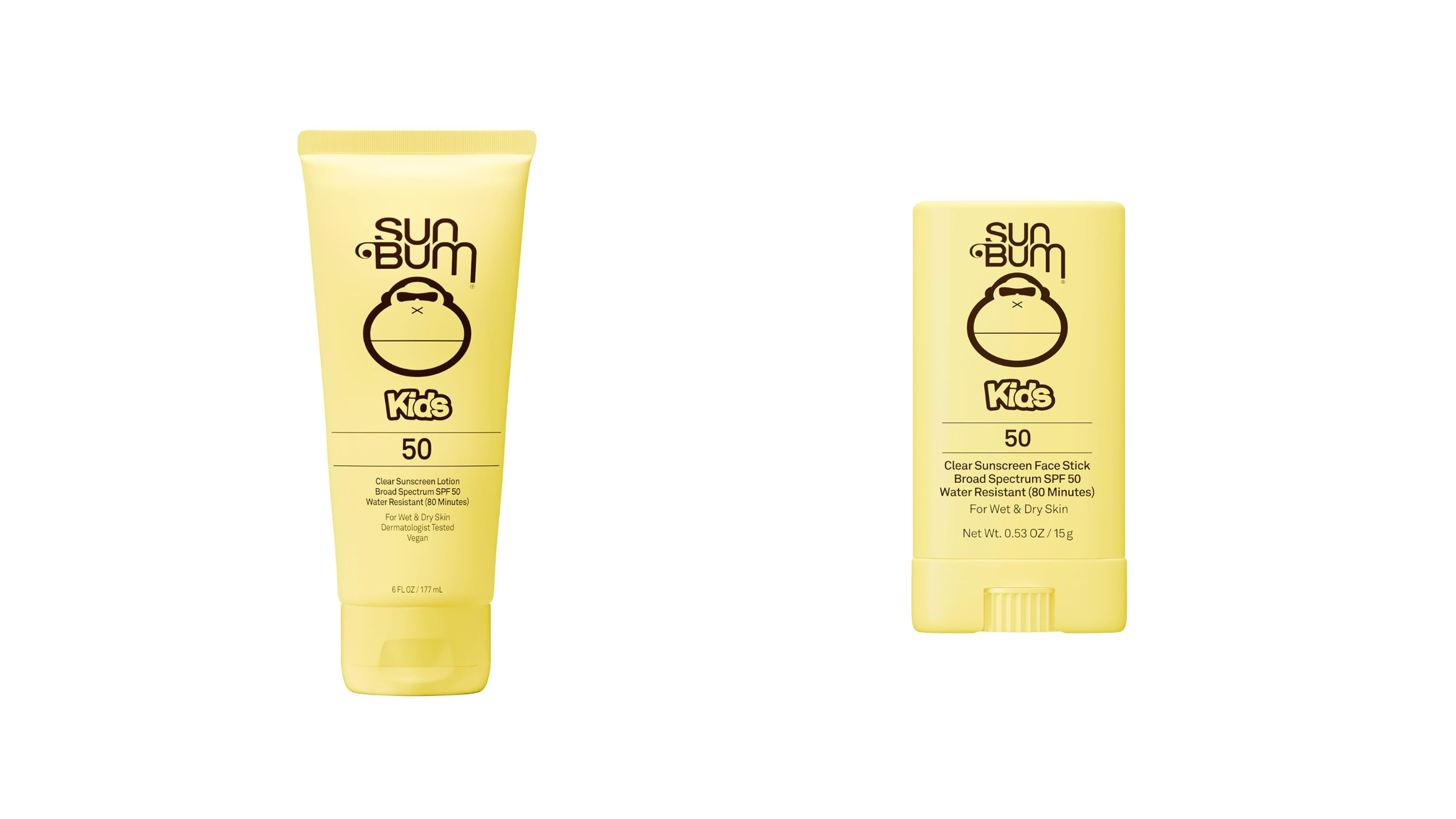 A tube of Sun Bum Kids SPF 50 clear sunscreen lotion alongside a matching sunscreen face stick, representing essential sun protection for a summer camp packing list.