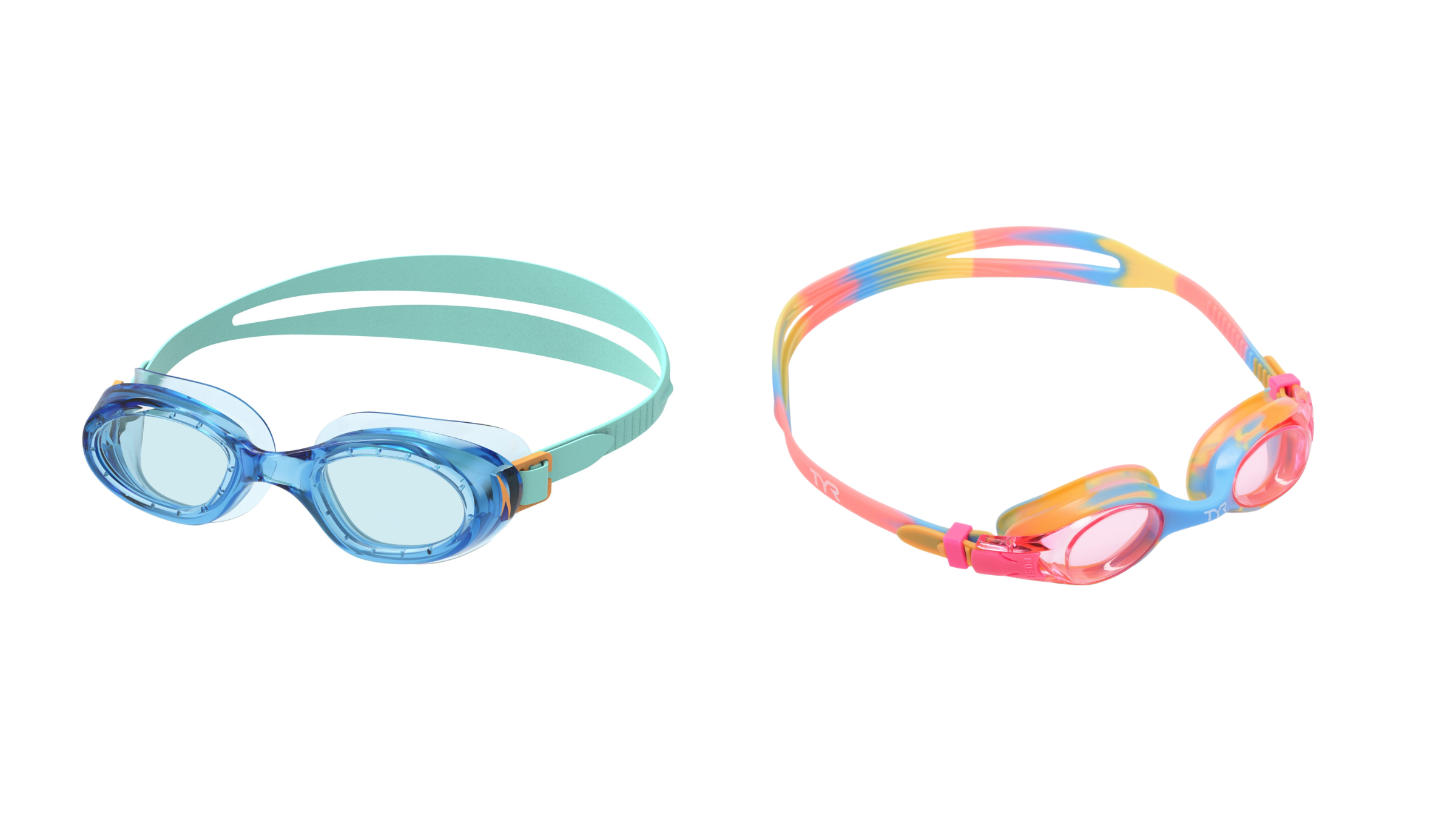 Two pairs of colorful children's swim goggles in blue and pastel rainbow frames, making them a necessary waterfront accessory for a summer camp packing list.
