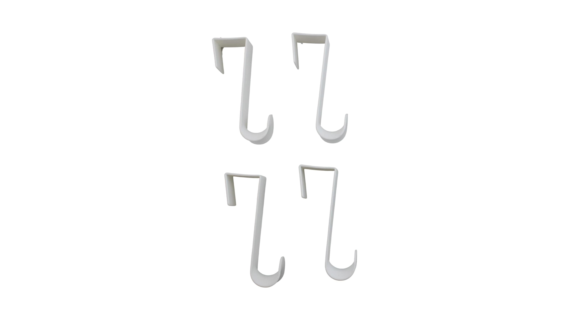 Four white plastic over-the-door utility hooks, a clever space-saving organization hack to add to a bunk bed summer camp packing list.