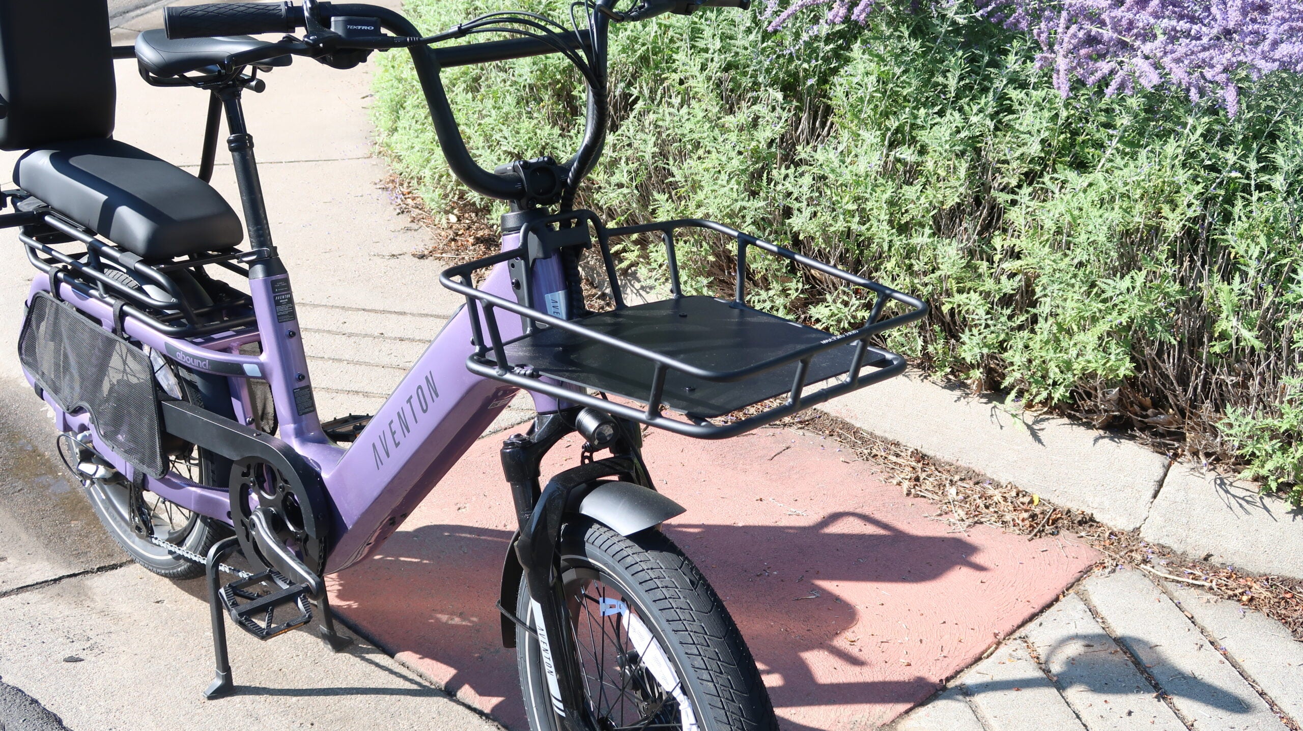 Closeup of bike rack on purple Aventon Abound SR 2 carbo eBike