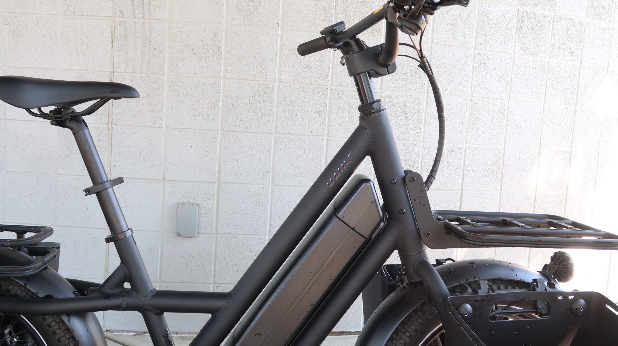 Close-up of the Specialized Globe Haul ST cargo ebike frame and downtube battery