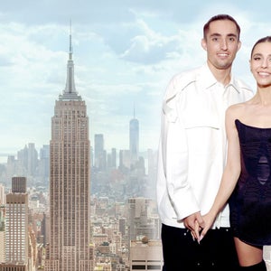 photo shows silhouette of angela nikolau and ivan beerkus overlaid empire state building