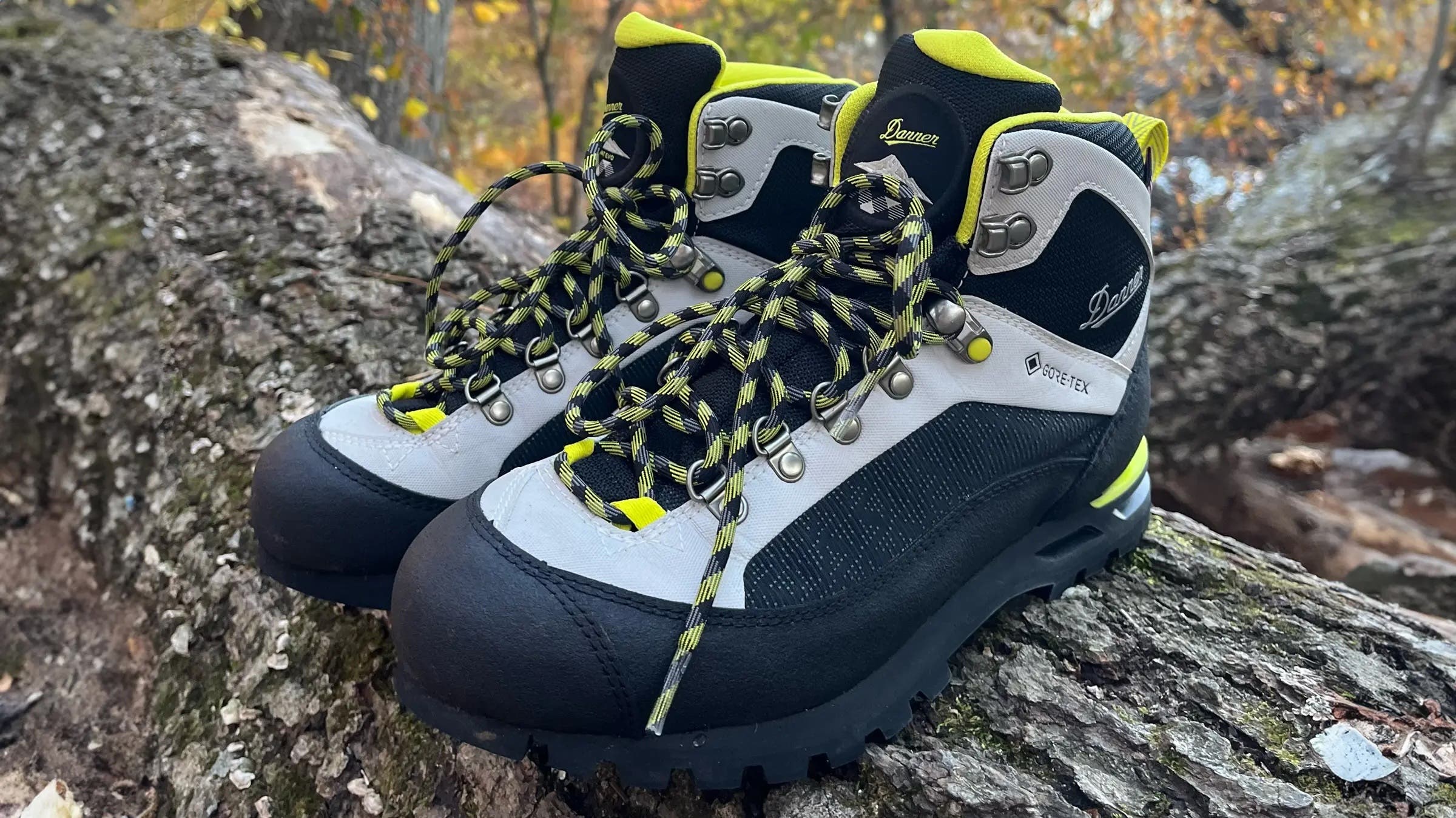 Danner Crag Rat Hiking Boots in black and gray with neon yellow