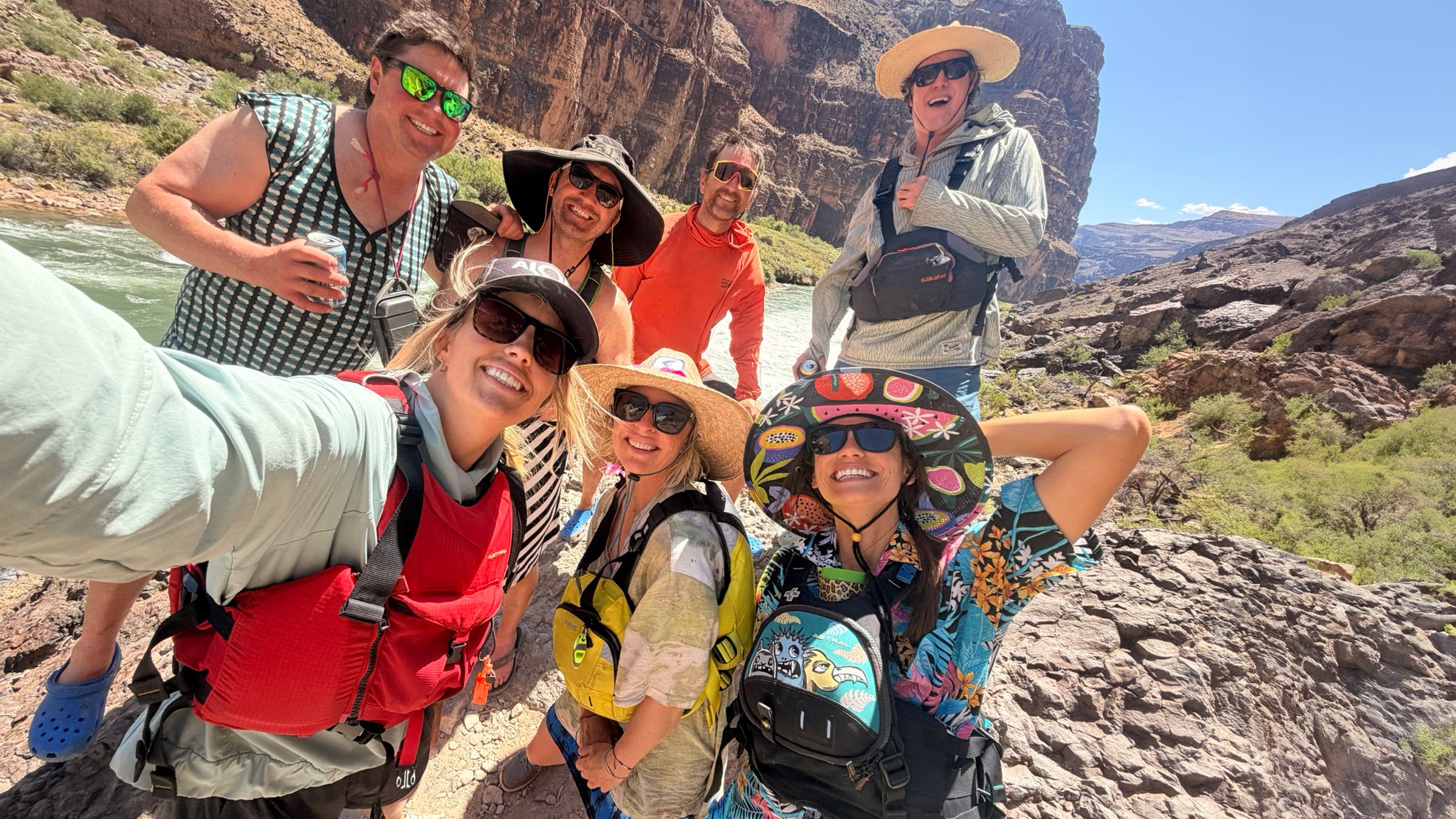 A group of friends rafting on the Grand Canyon for two weeks selfie