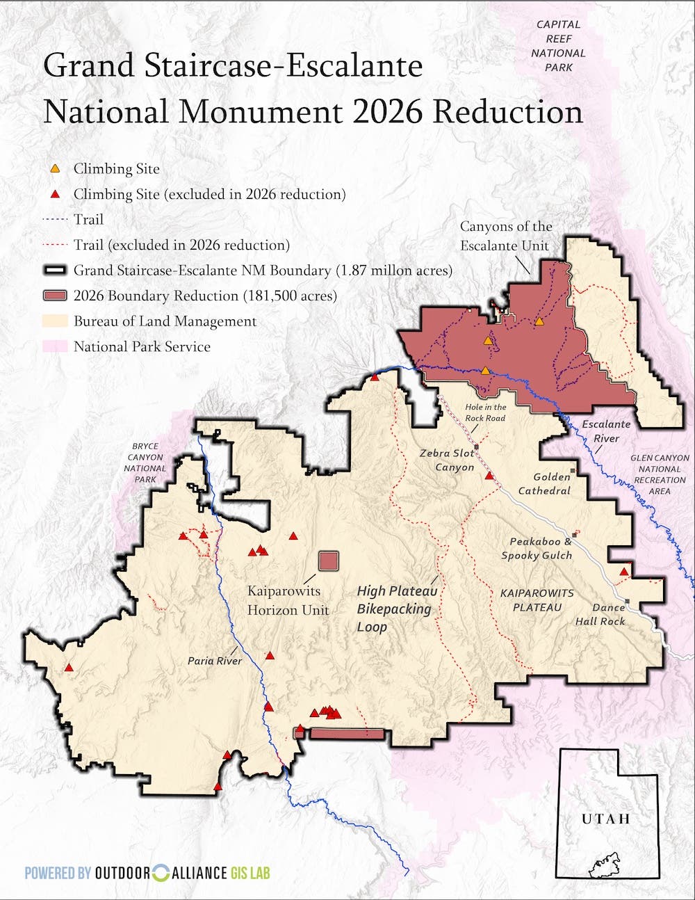map shows new boundaries and recreation areas impacted by the monument reductions at grand staircase-escalante